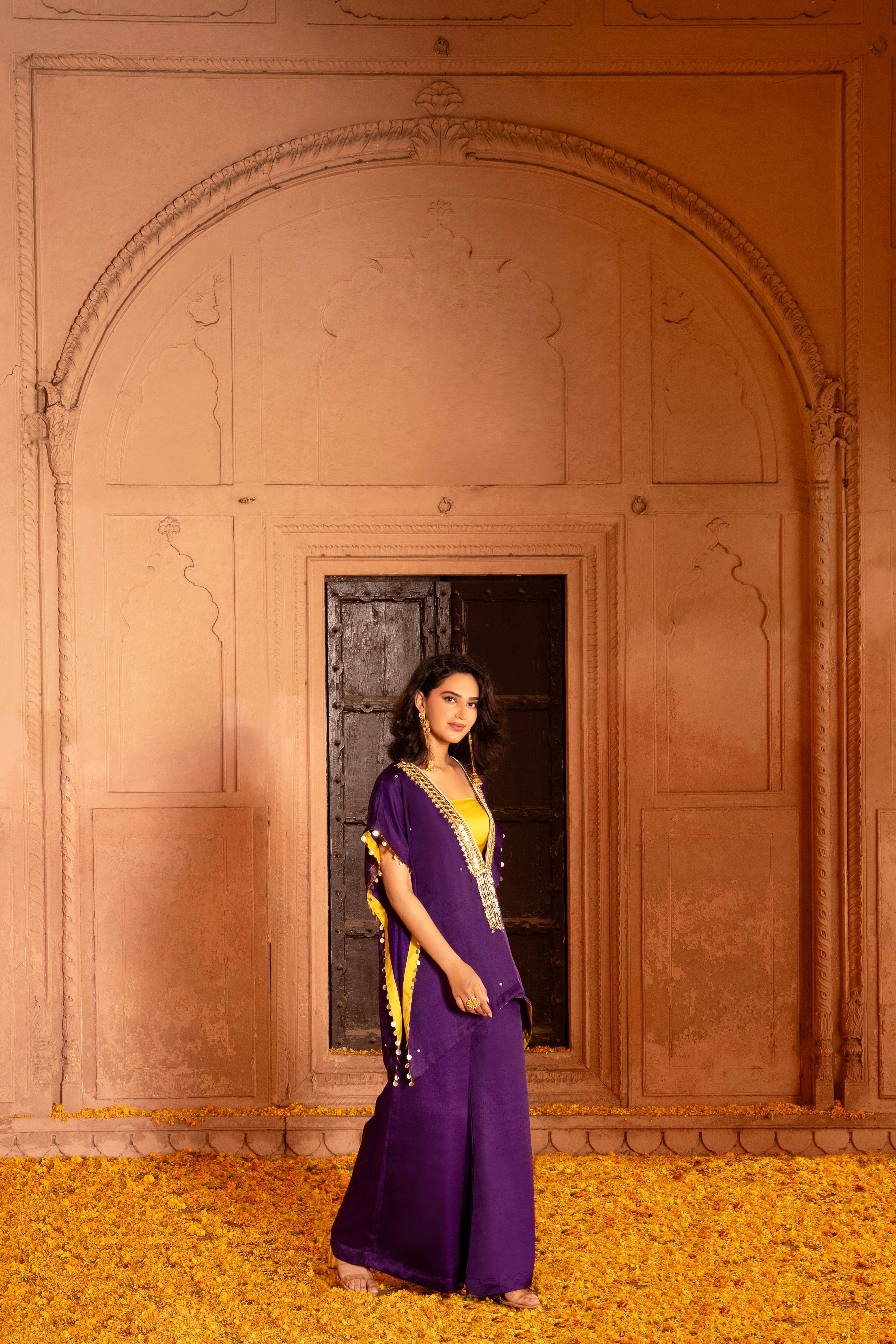 DEEP PURPLE SHORT JACKET WITH WIDE LEG BOTTOM