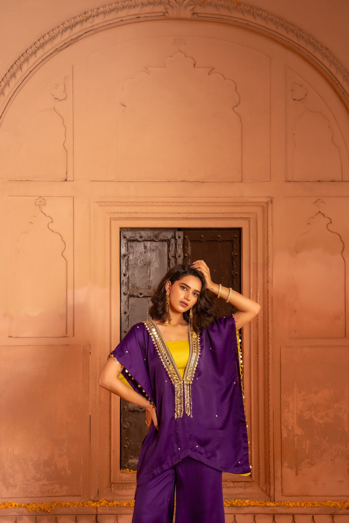 DEEP PURPLE SHORT JACKET WITH WIDE LEG BOTTOM