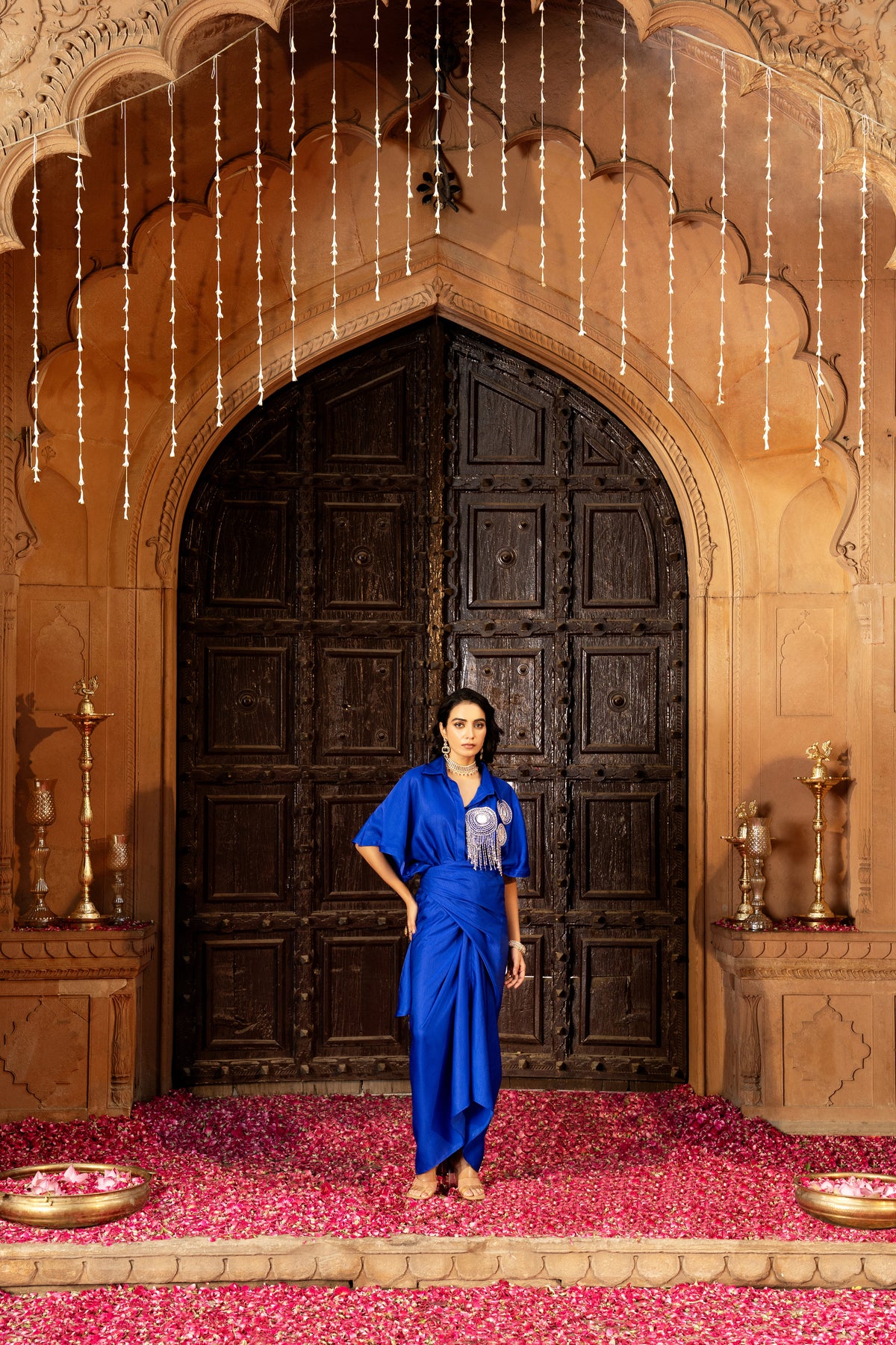 ROYAL BLUE DRAPE SKIRT AND SHIRT SET