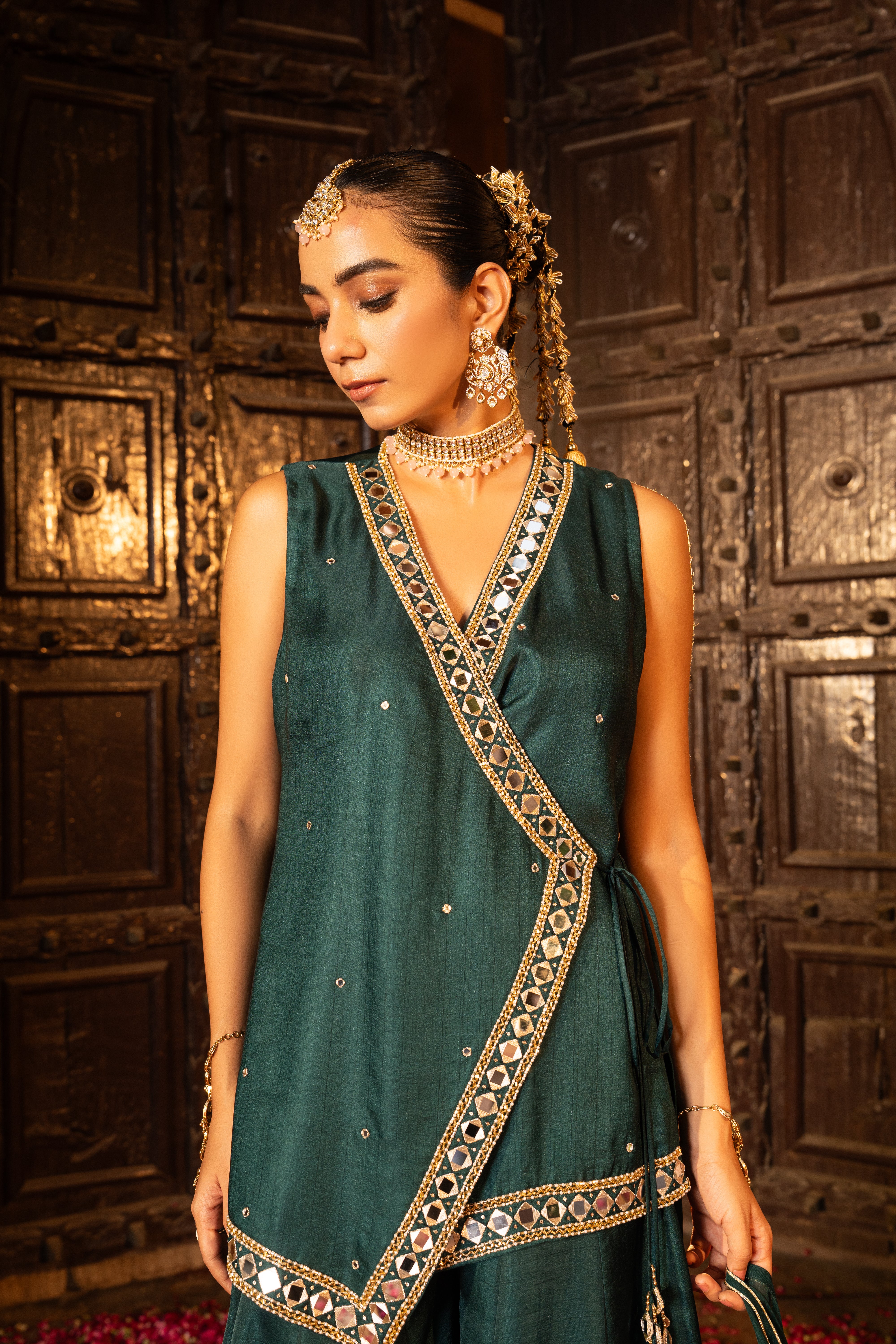 DEEP TEAL ANGRAKHA KURTA & SHARARA SET