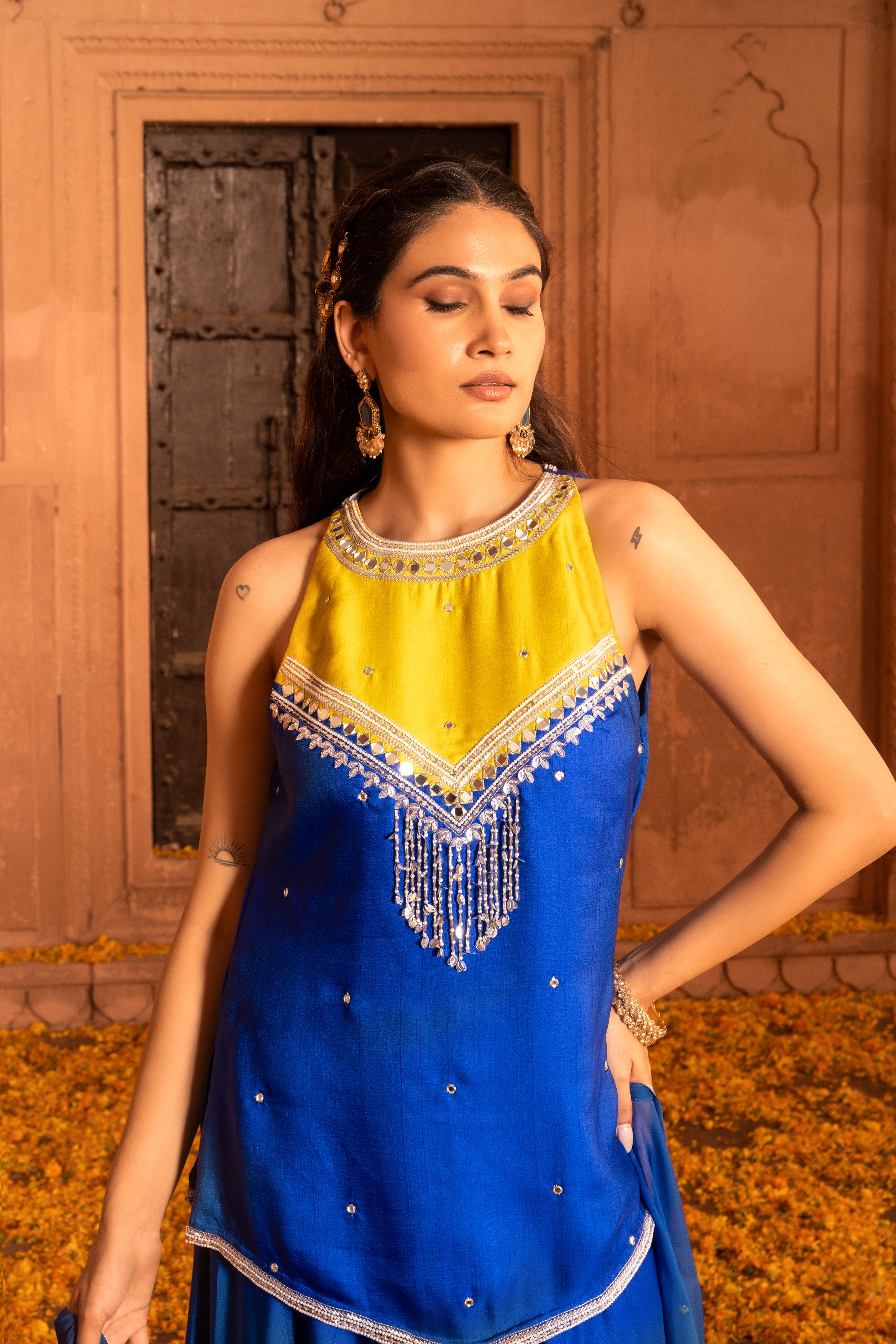 ROYAL BLUE HALTER KURTA & SALWAR SET