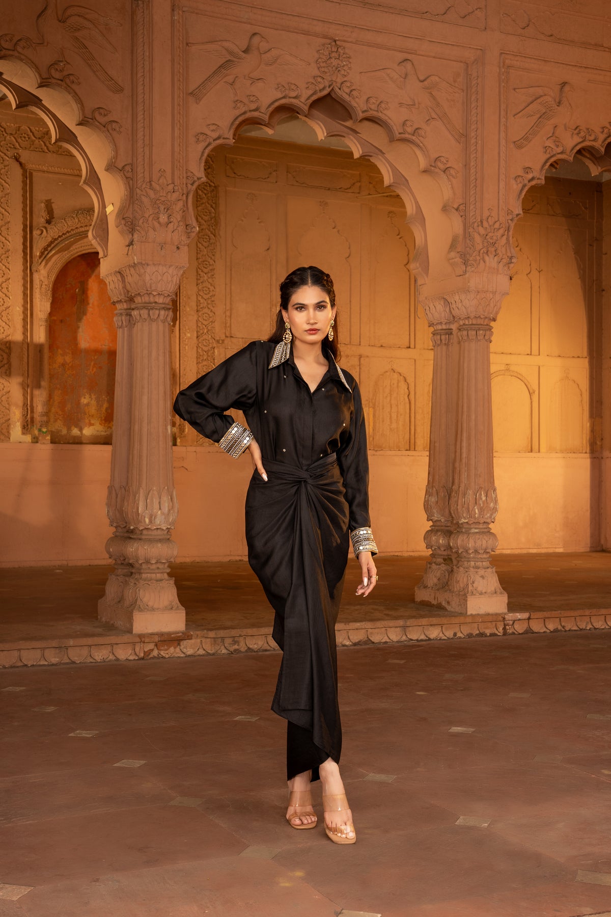BLACK DRAPE SKIRT AND SHIRT SET
