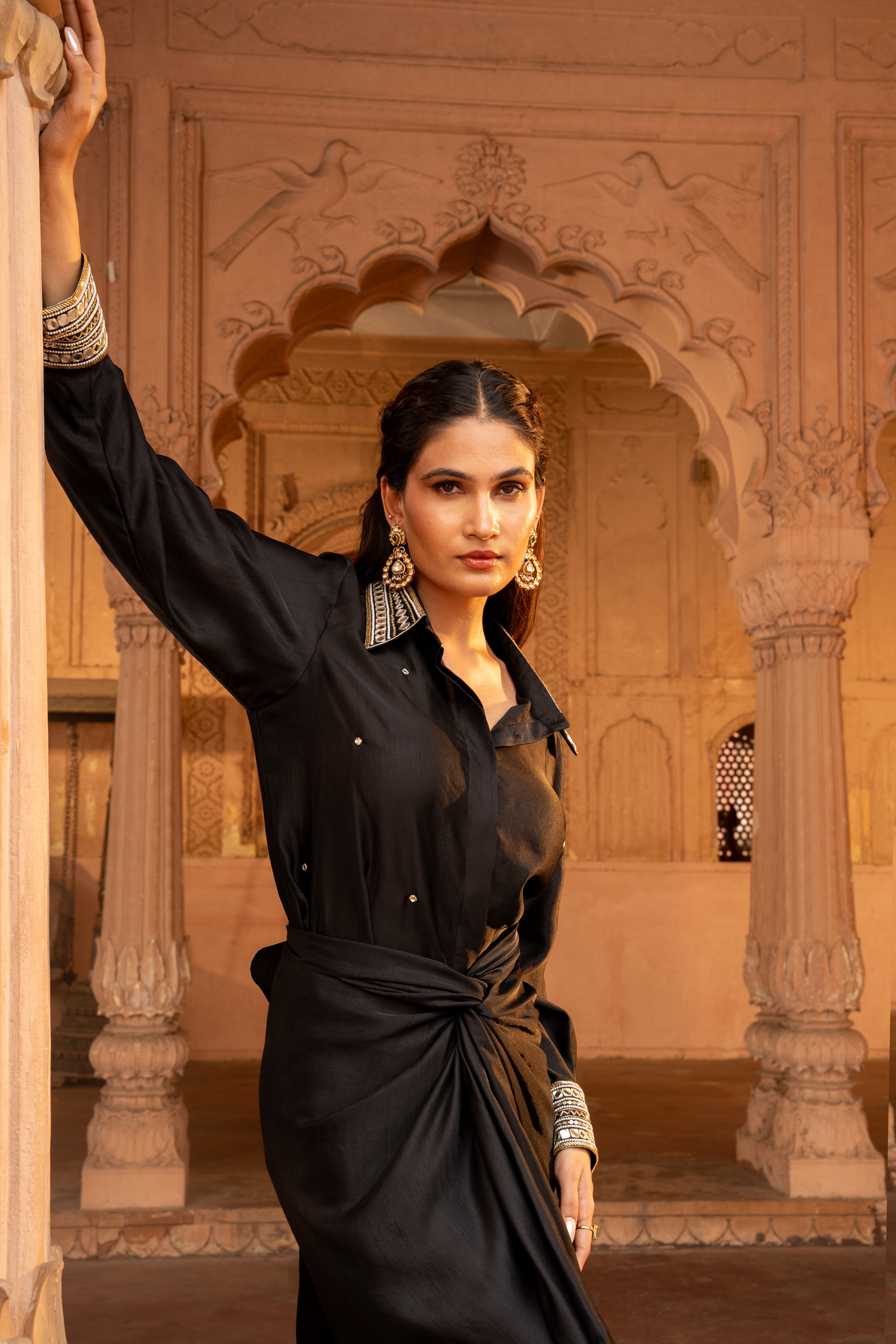 BLACK DRAPE SKIRT AND SHIRT SET