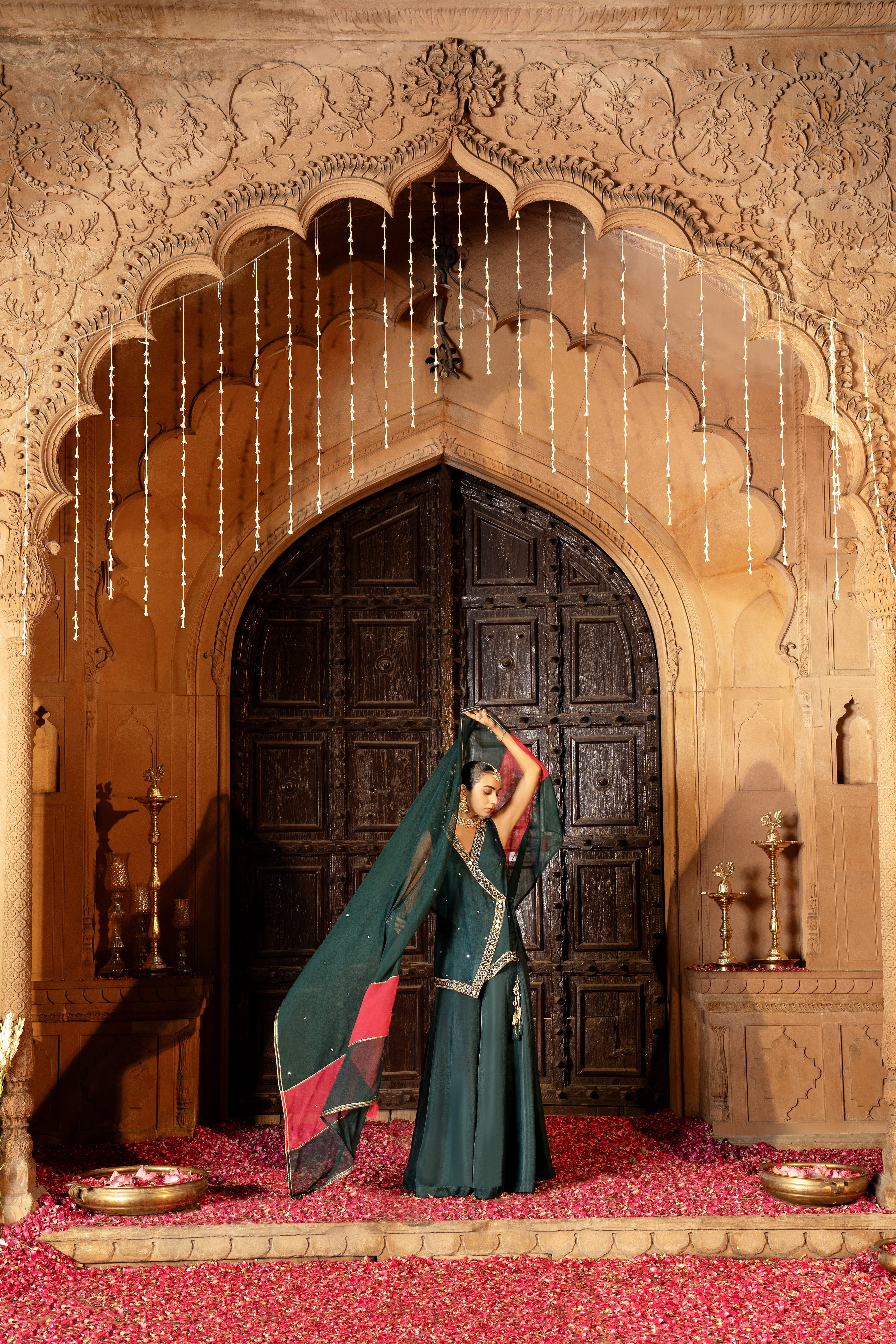 DEEP TEAL ANGRAKHA KURTA & SHARARA SET