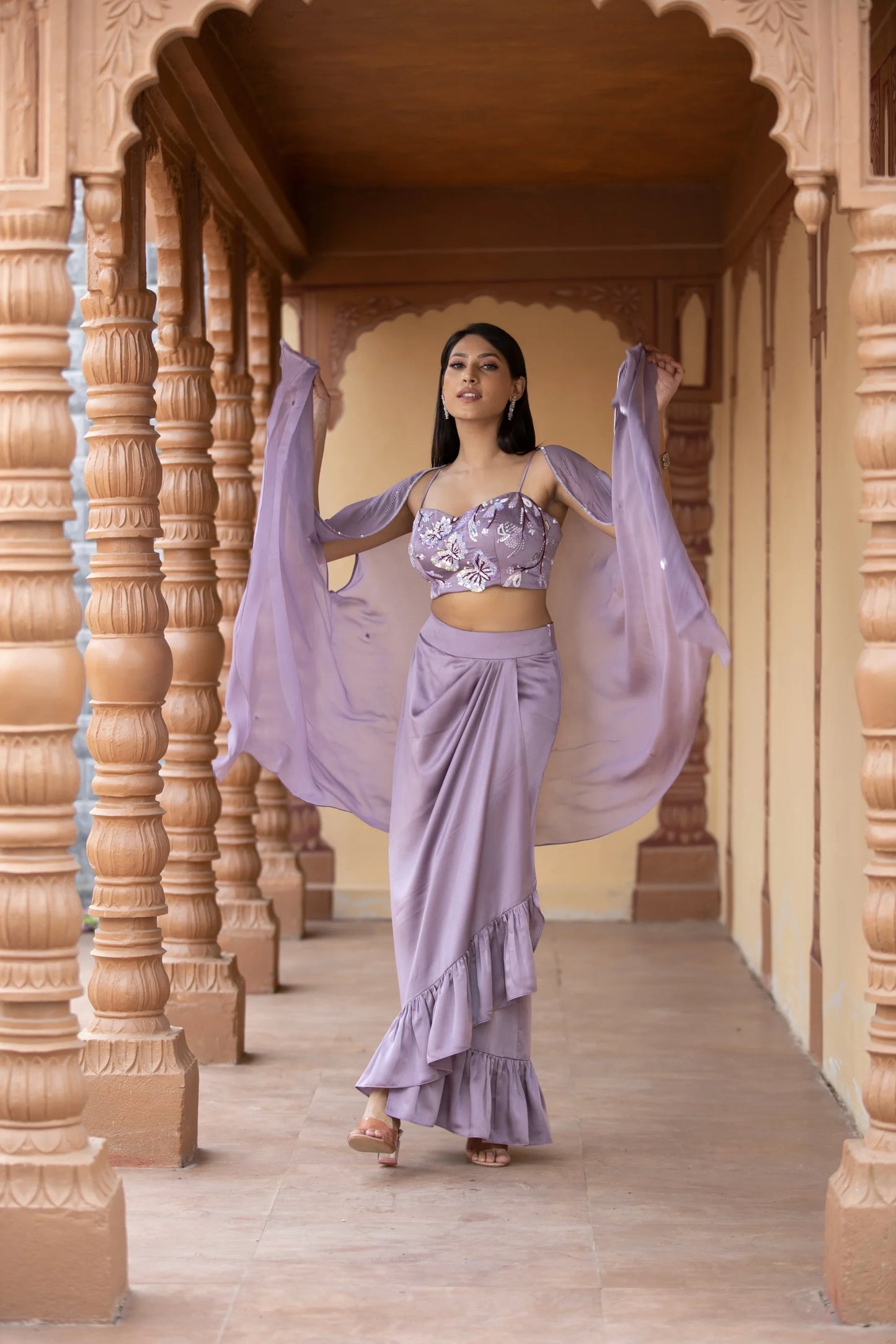 Lilac butterfly crop top skirt with ruffle skirt