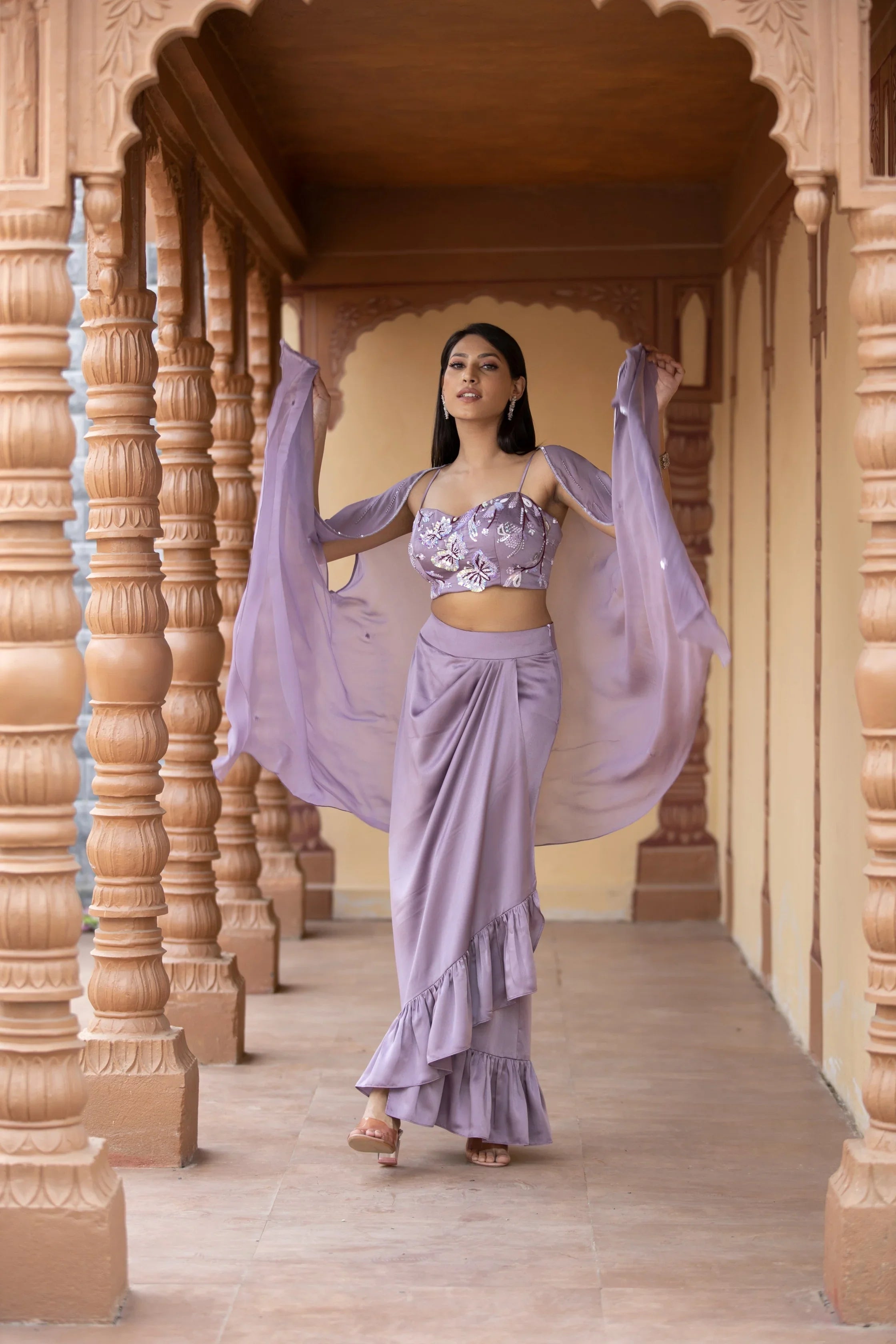Lilac Butterfly Crop Top with Ruffle Drape Skirt