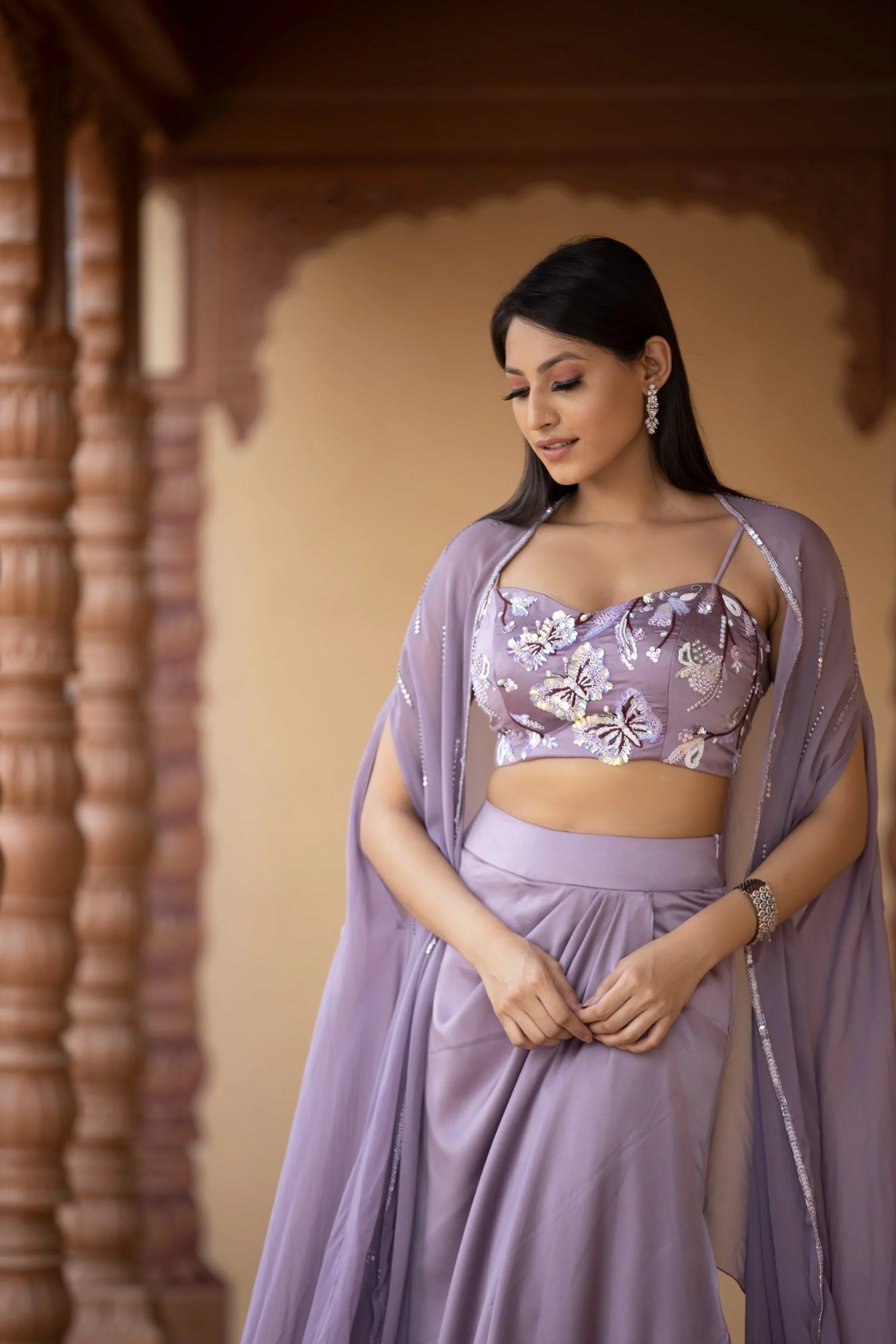 Lilac Butterfly Crop Top with Ruffle Drape Skirt