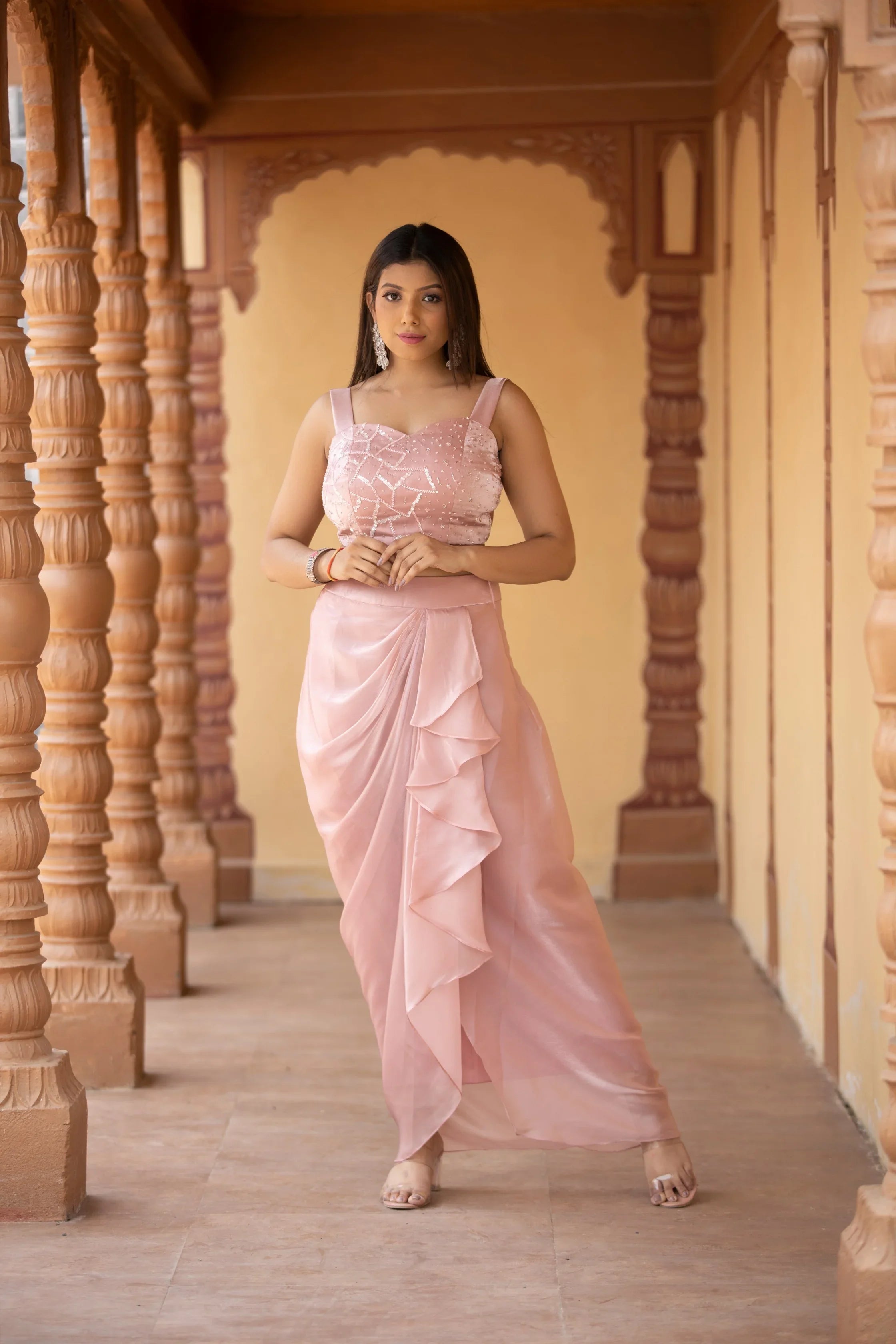 Warm Pink Drape Skirt and Crop Top