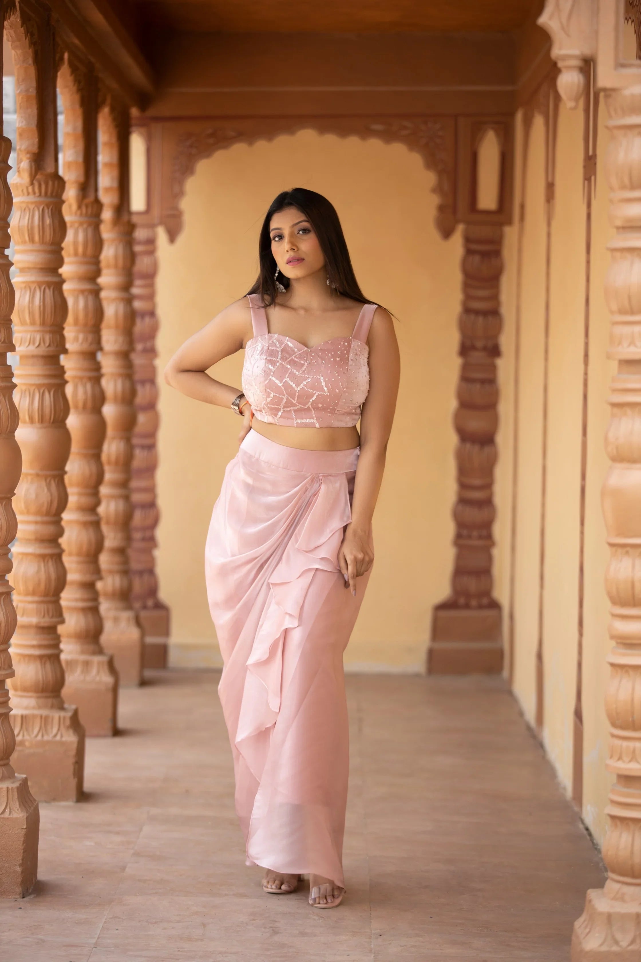 Warm Pink Drape Skirt and Crop Top