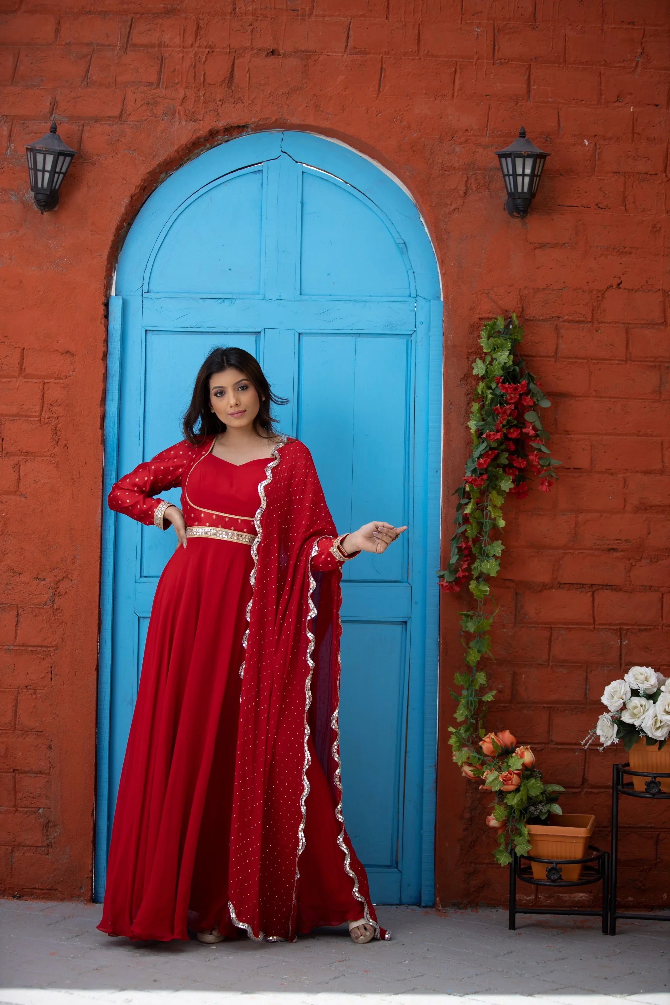 Red Anarkali Suit Set with Dupatta
