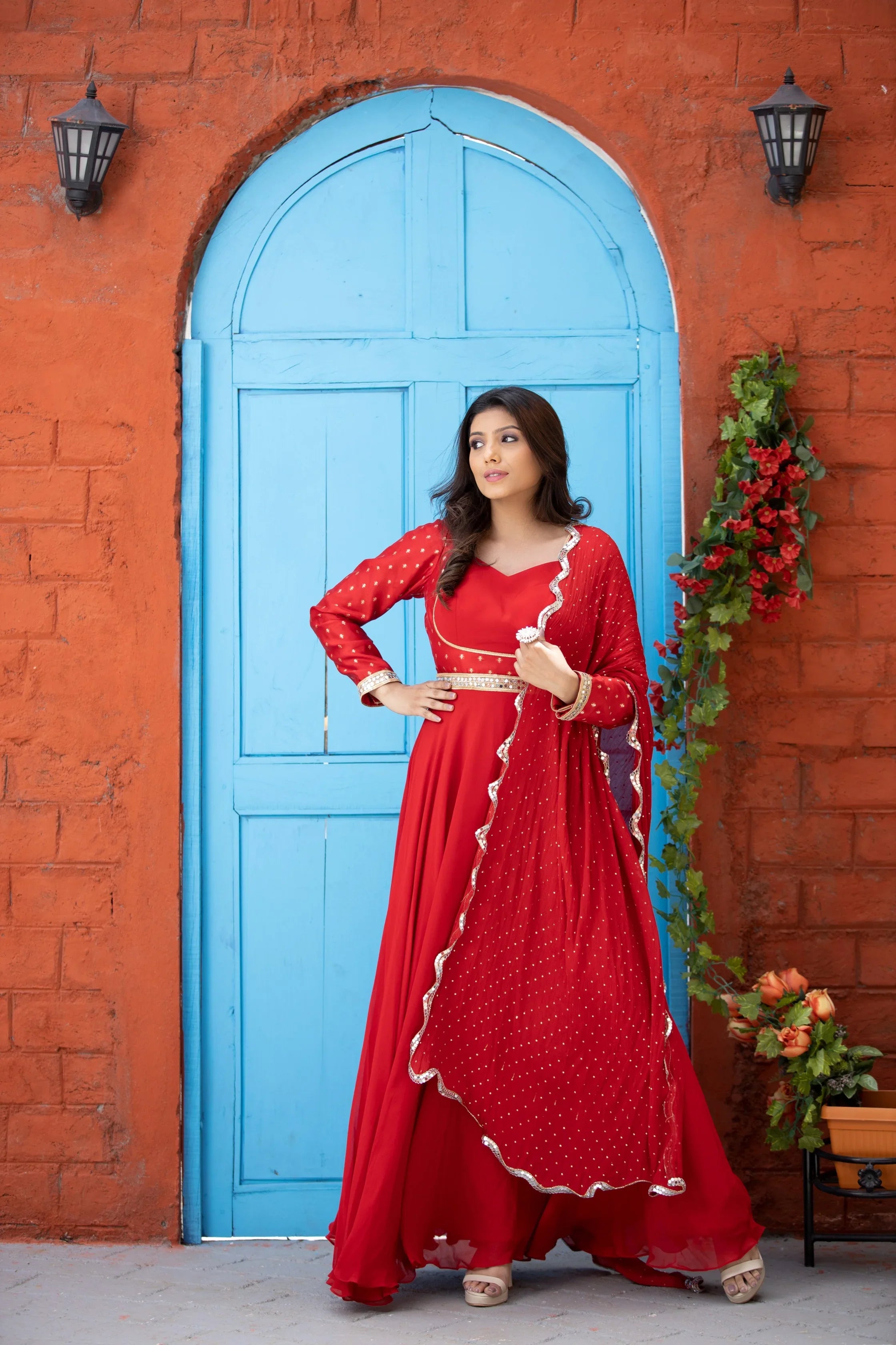 Red Anarkali Suit Set with Dupatta