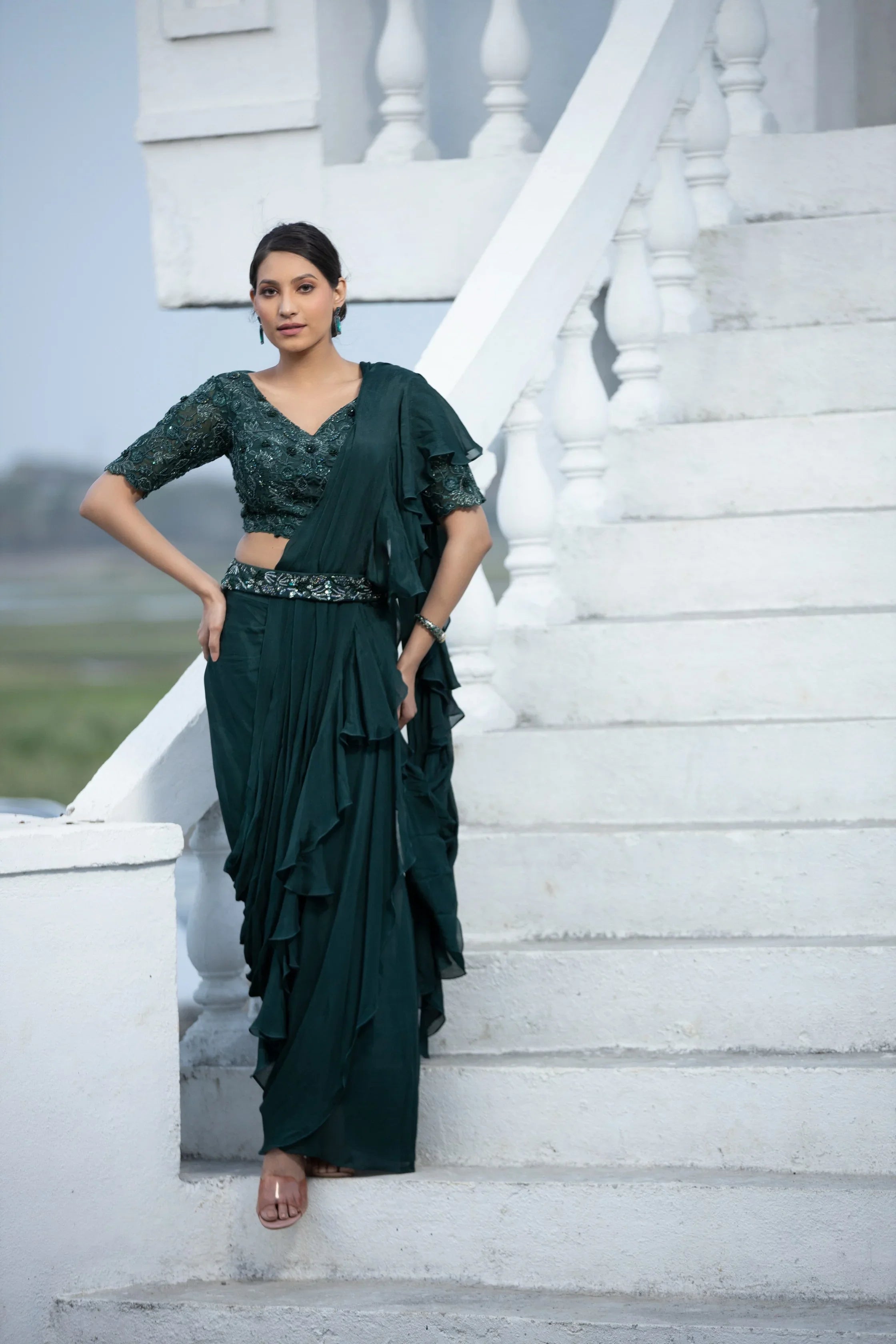 Green Ruffle Drape Saree