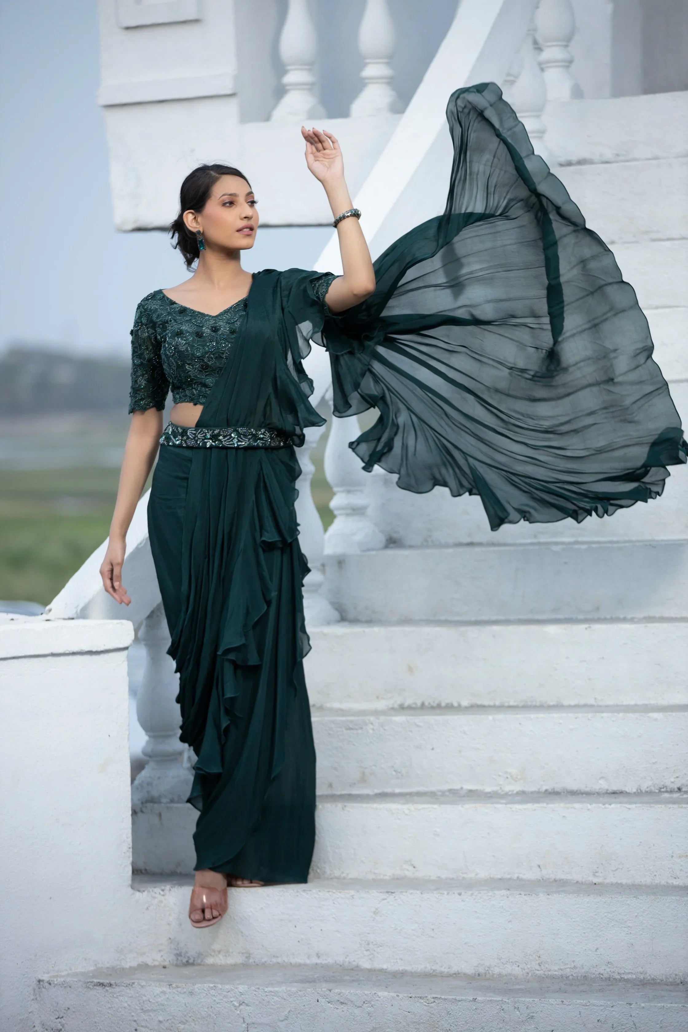 Green Ruffle Drape Saree