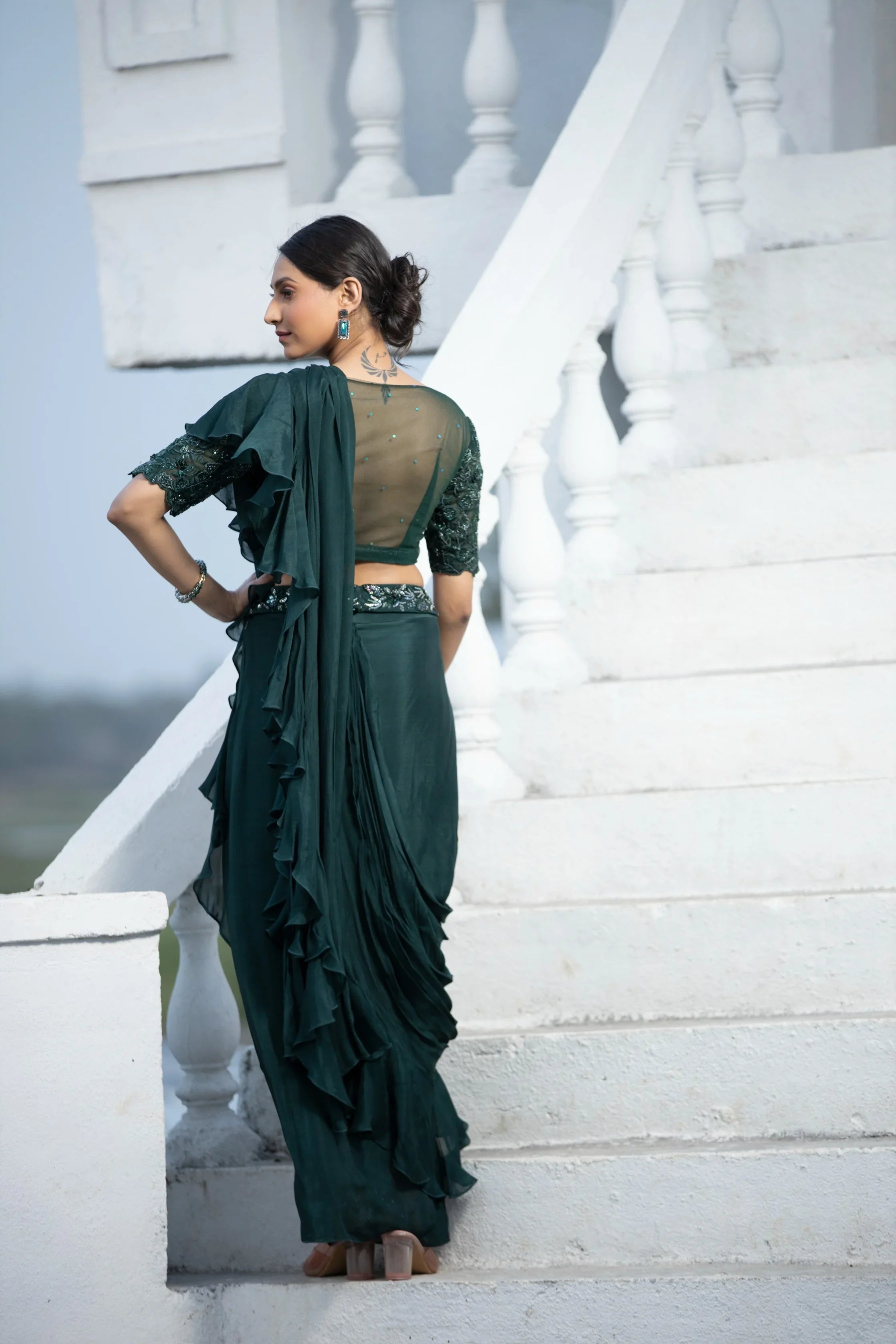 Green Ruffle Drape Saree