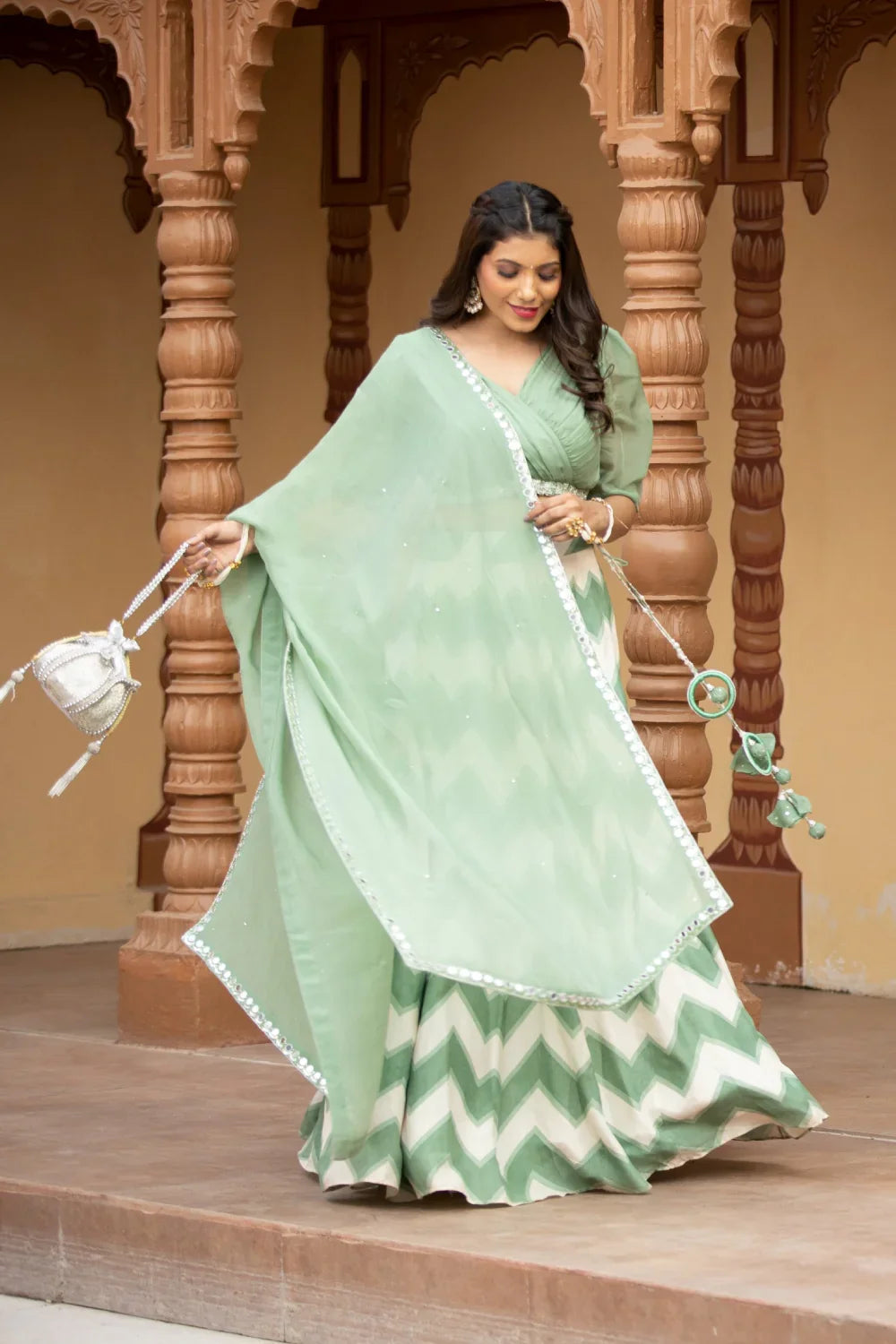 White & green leheriya lehenga