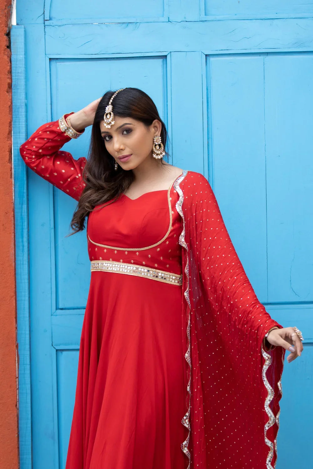 Red Anarkali suit set with duppata