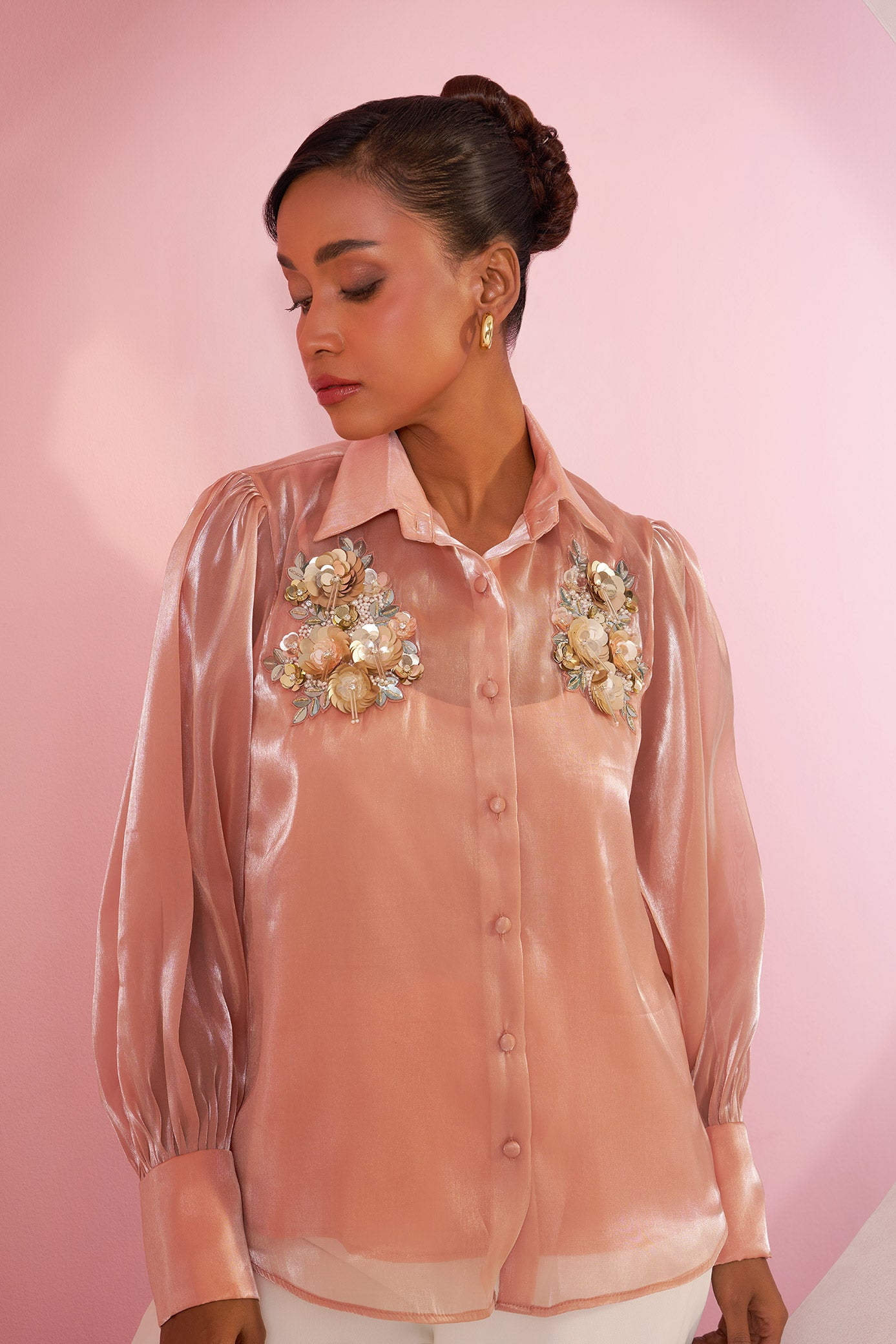 Crystal Apricot Peach Sheer Organza Shirt