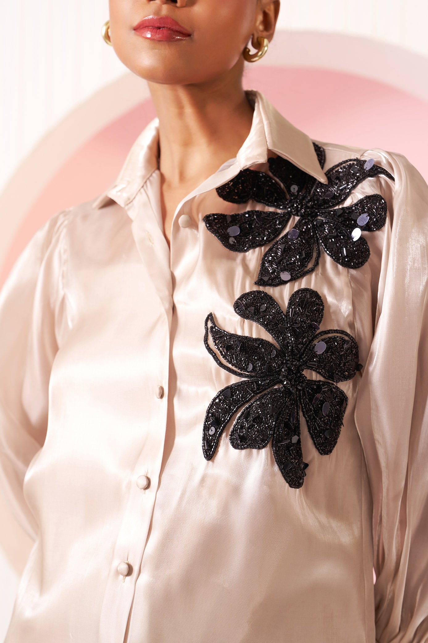 Florence Champagne Floral Applique Organza Shirt & Pant Set