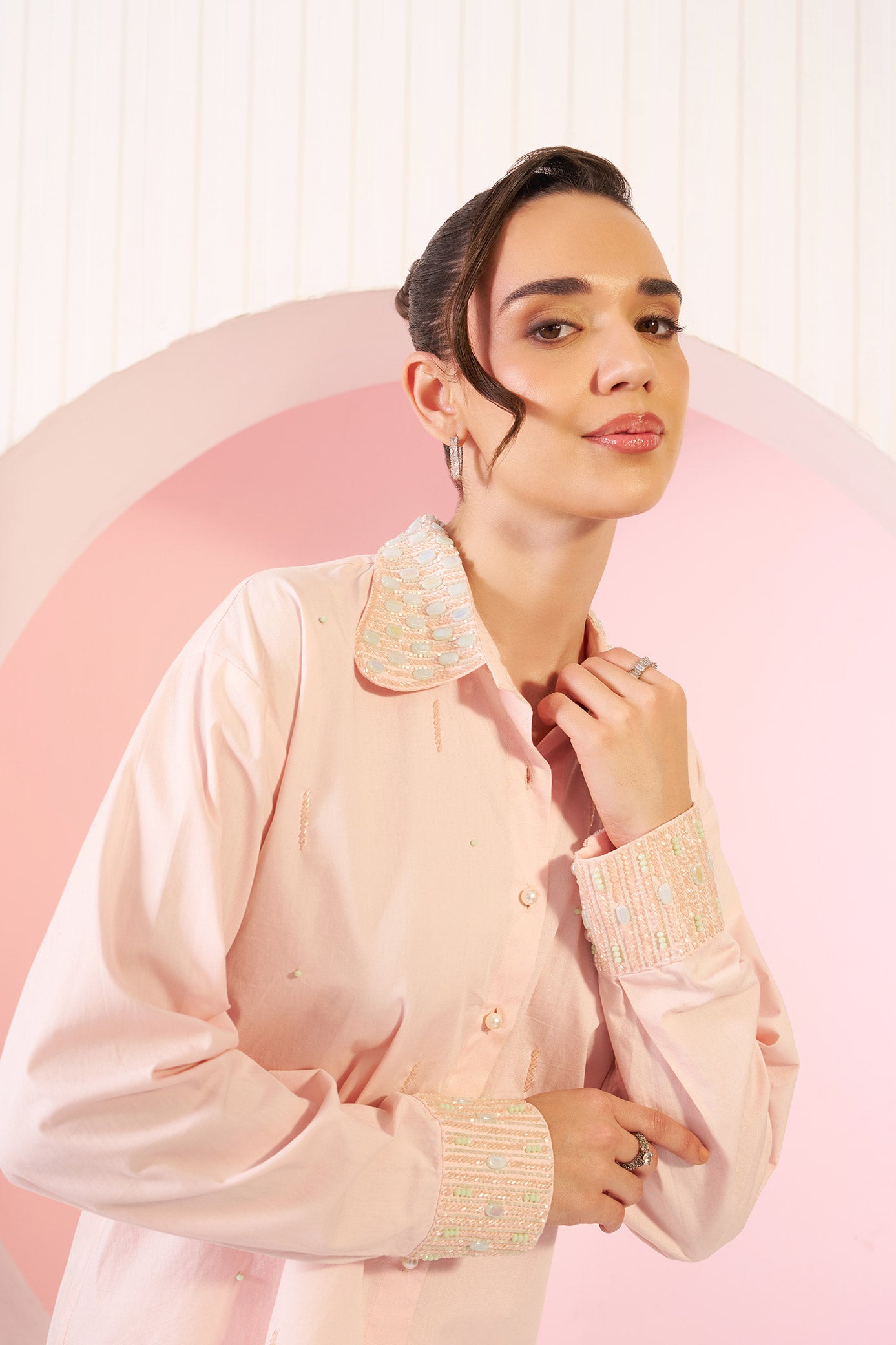 Millie Soft Blush Peach Embellished Cotton Shirt