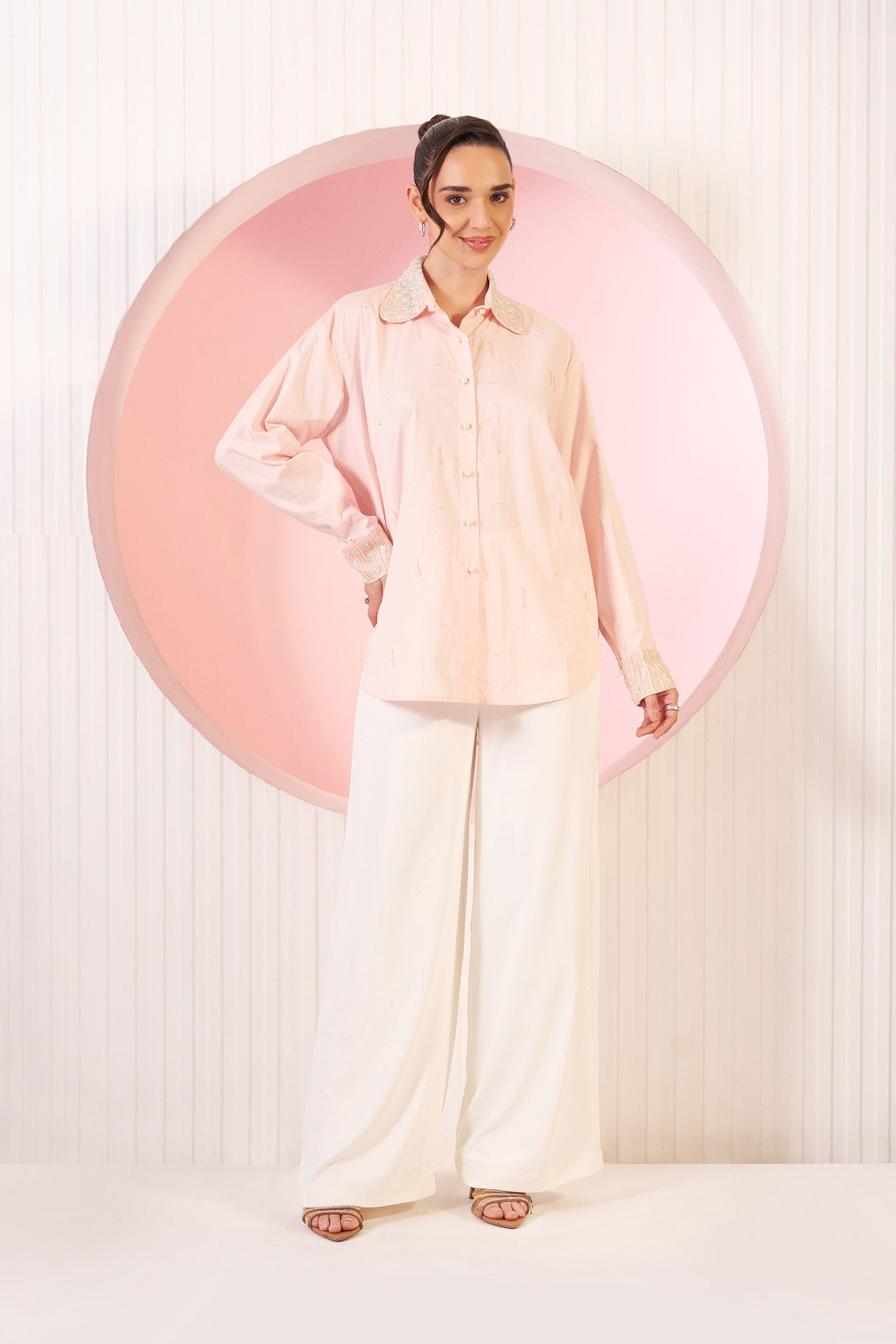 Millie Soft Blush Peach Embellished Cotton Shirt