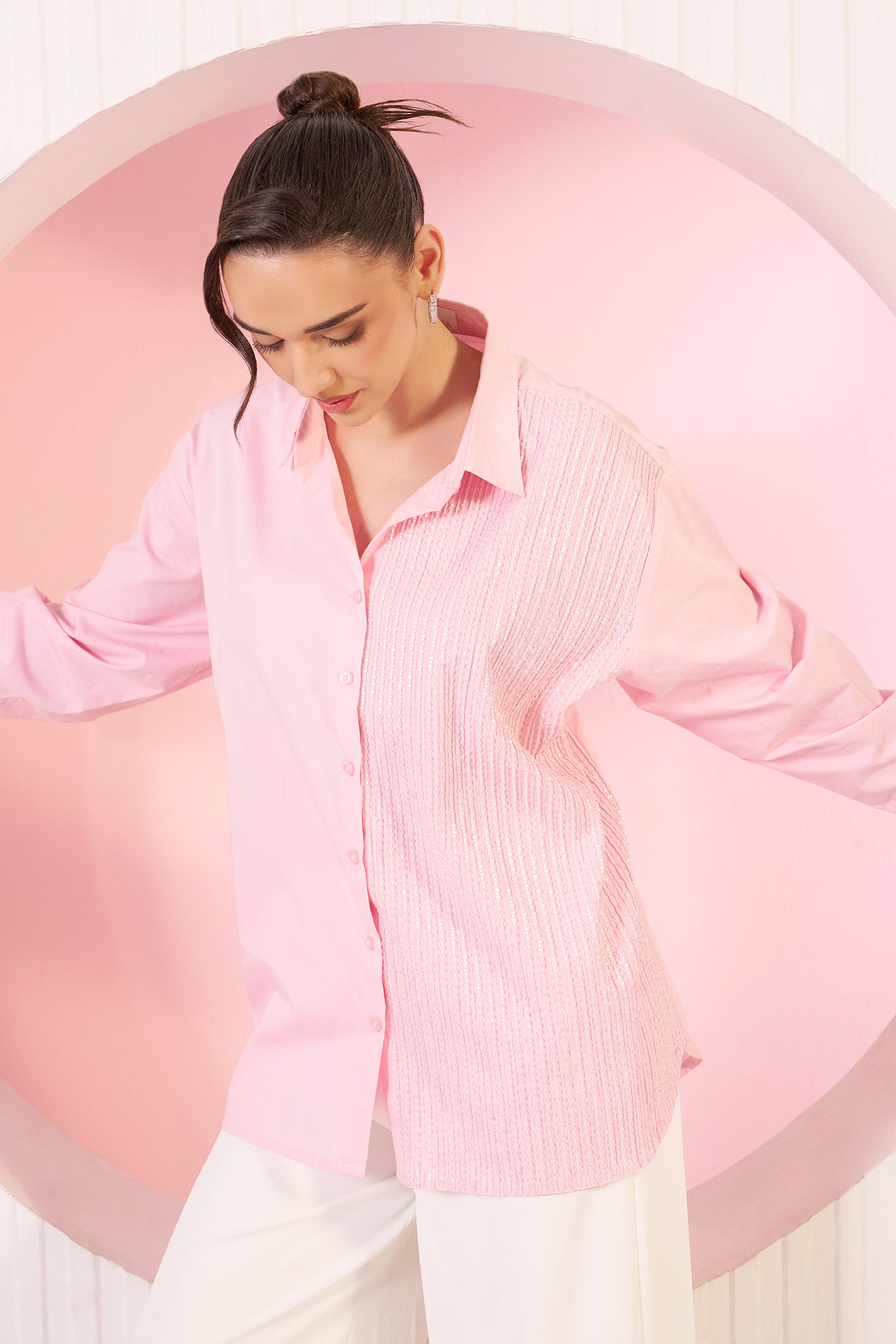 Rose Candy Pink Embellished Cotton Shirt