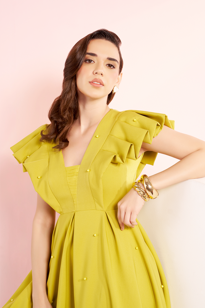 Mary - Pleated Sleeves Balloon Dress