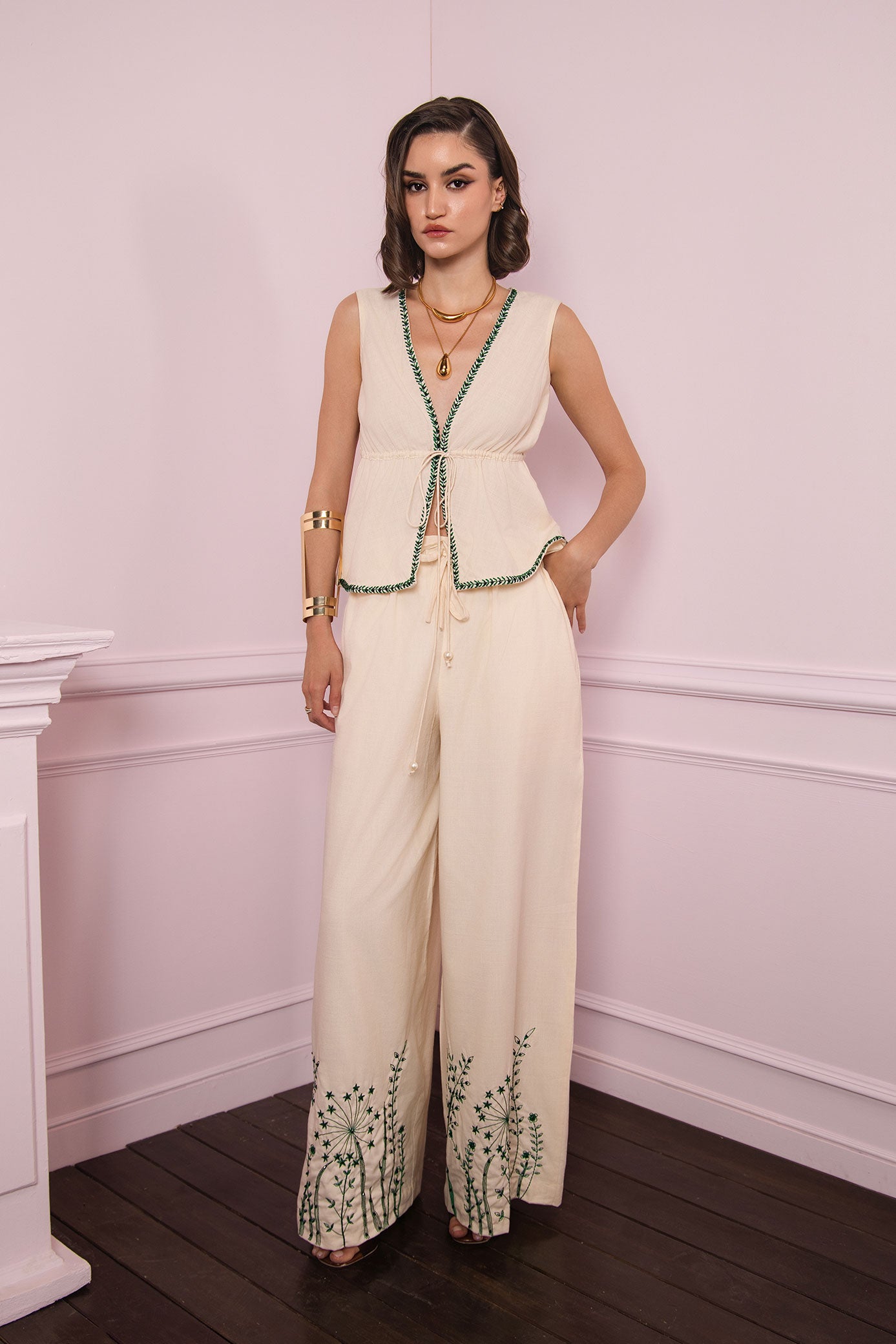 Ivory Bloom Embroidered Pant Set