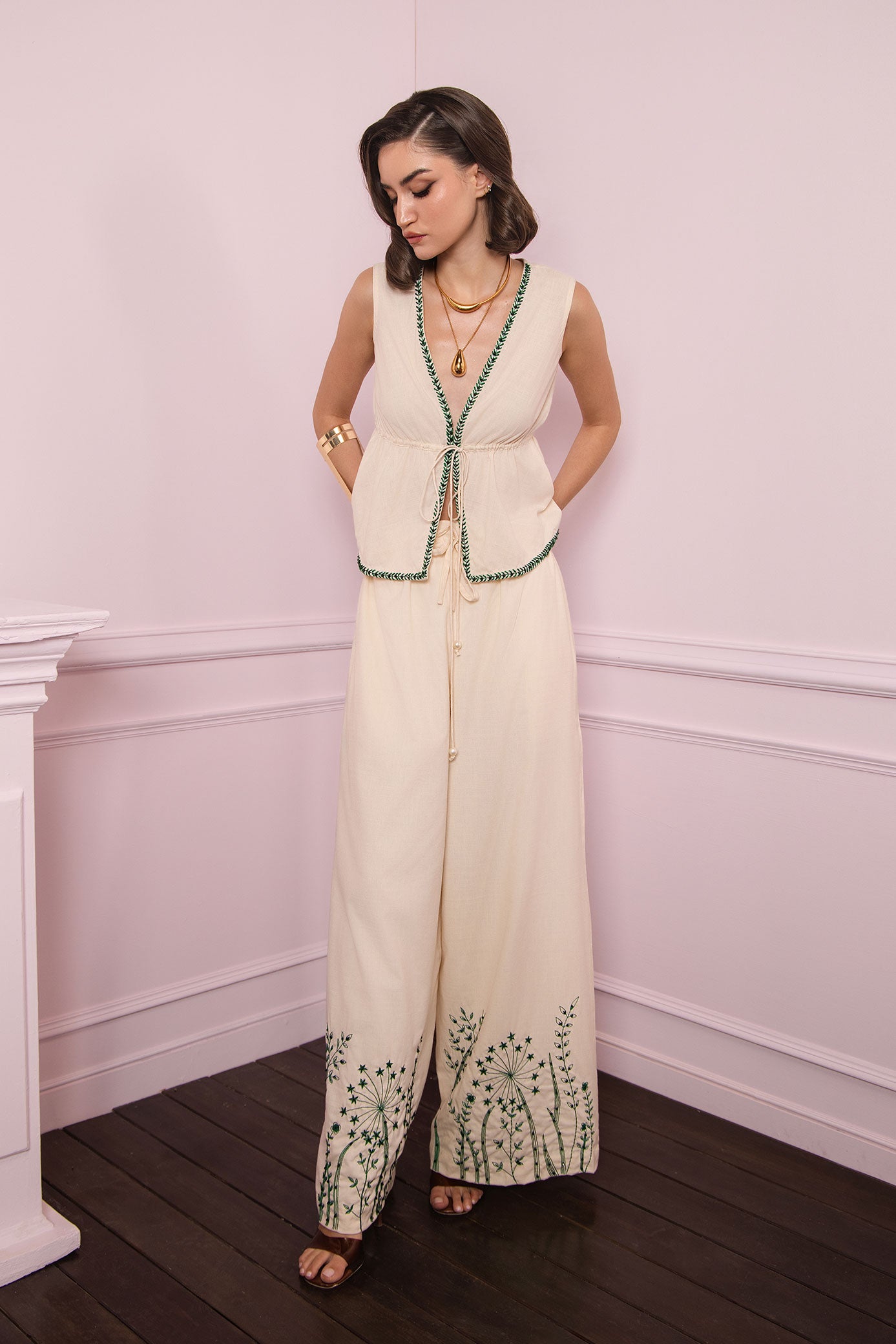 Ivory Bloom Embroidered Pant Set