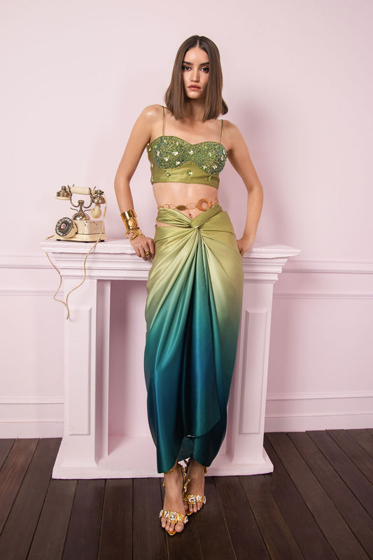 Olive Ombre Drape Skirt Set
