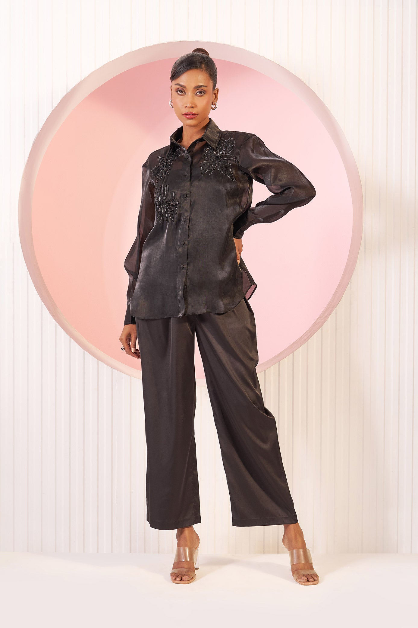 Ebony Midnight Floral Applique Organza Shirt & Pant Set