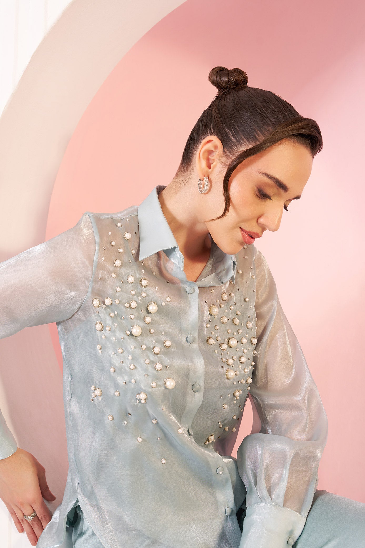 Maisie Ice Blue Embellished Organza Shirt & Pant Set