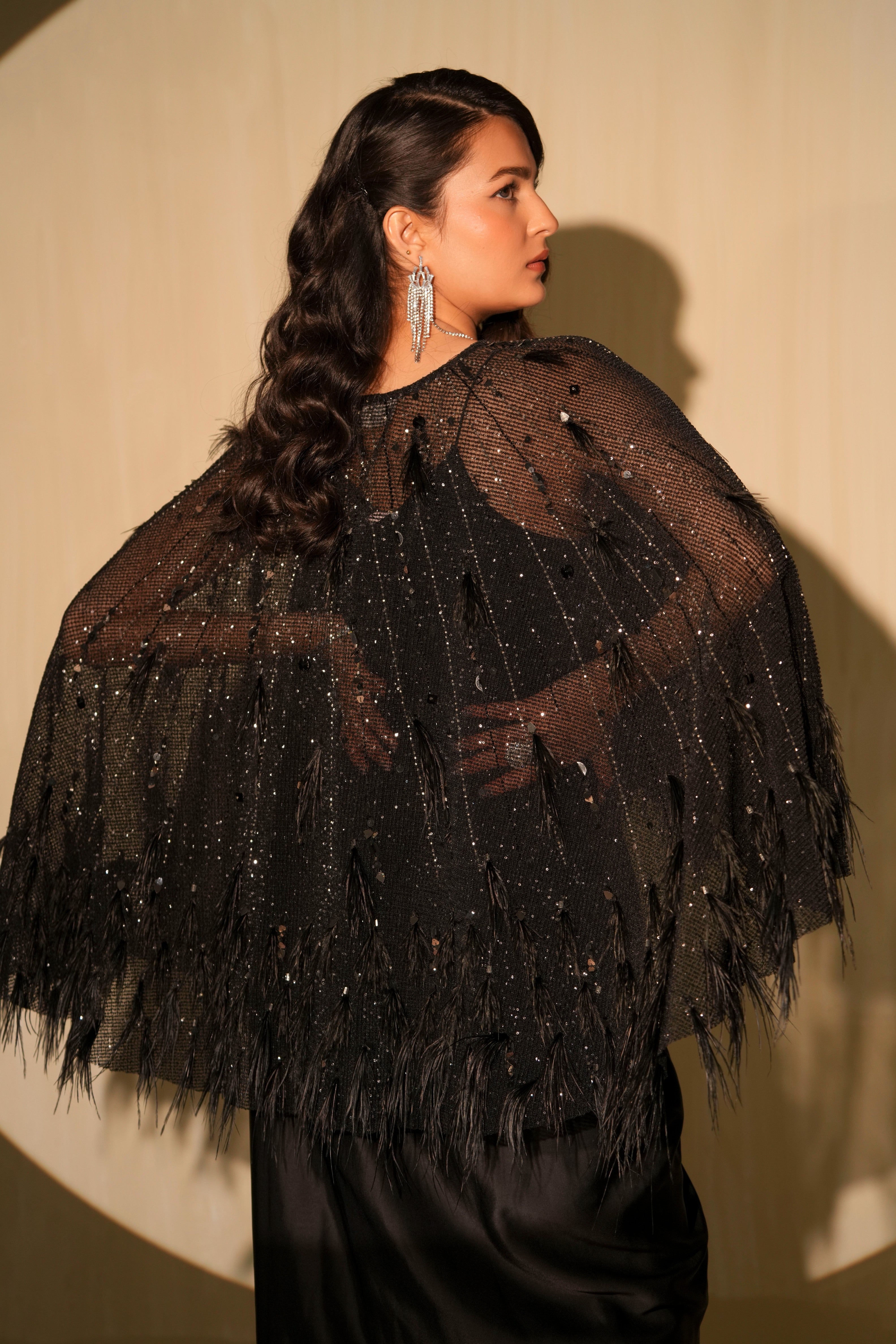 Jade Black Feather Cape Dress