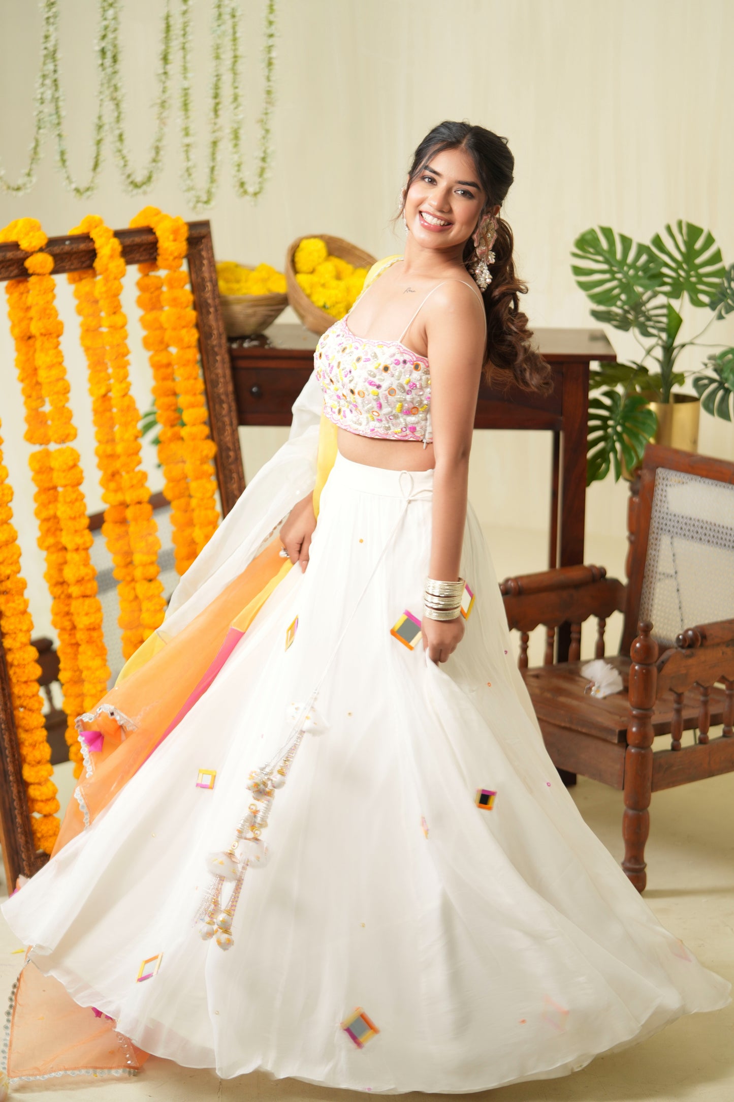 Pearl White Mirror Lehenga Set