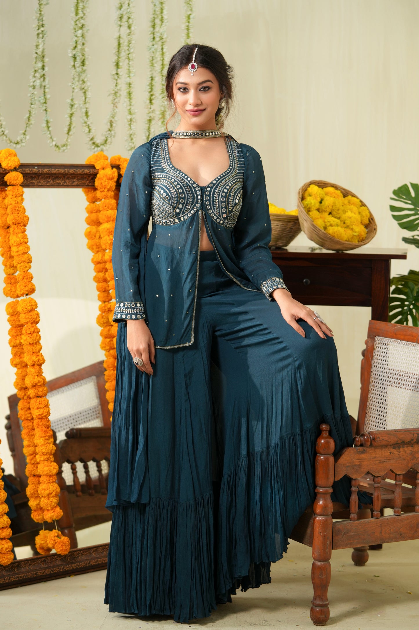 Teal blue sharara set