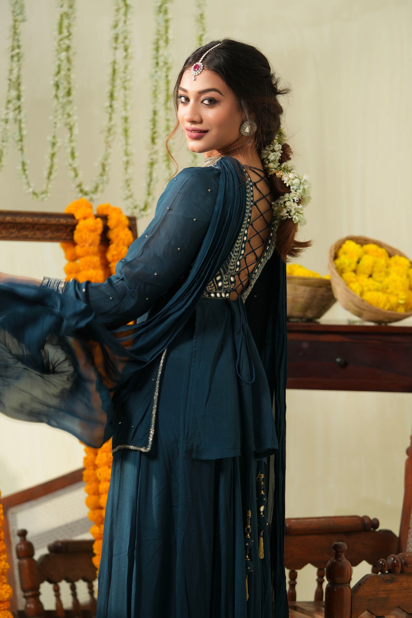 Teal blue sharara set