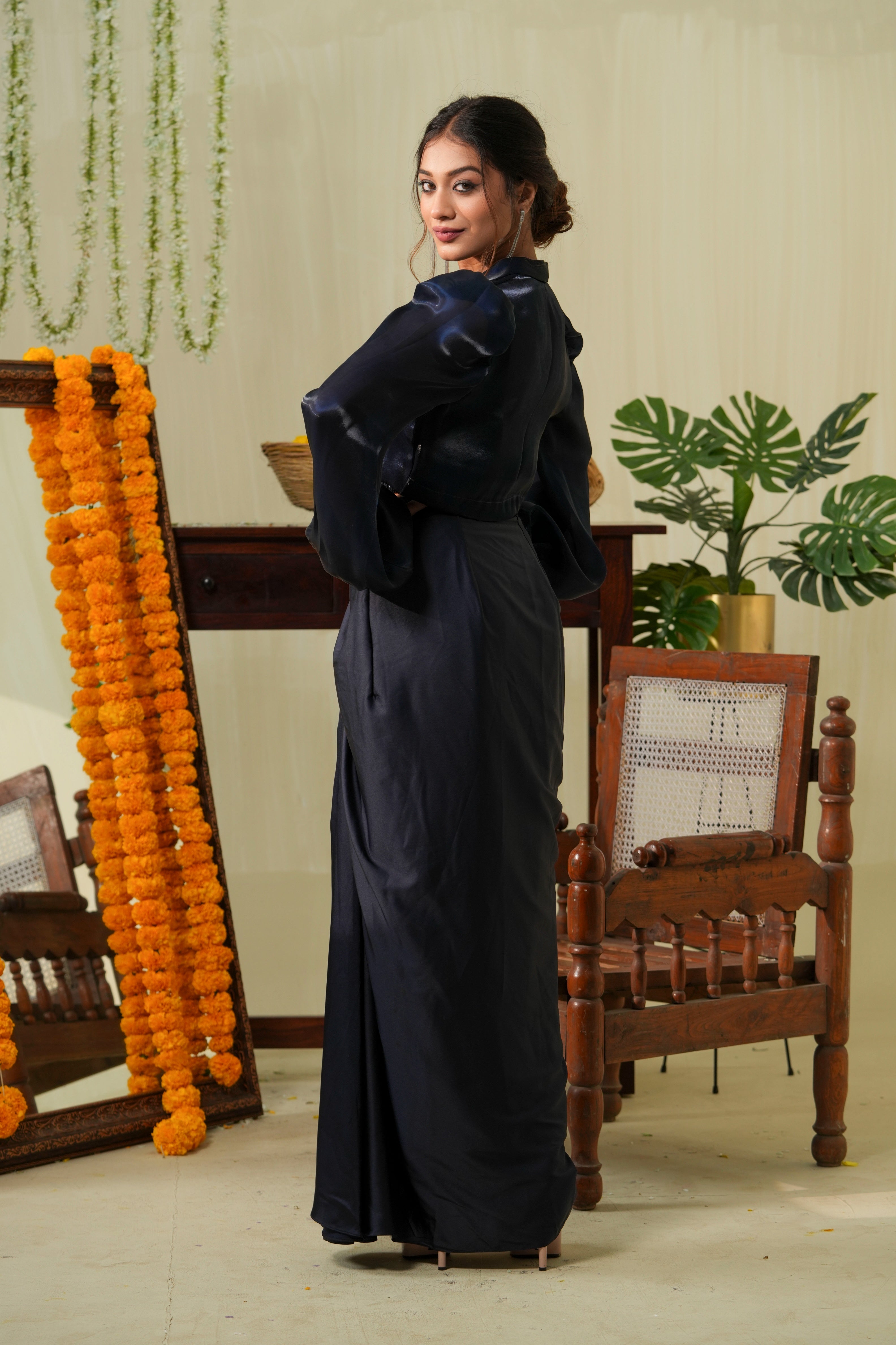 Navy Blue Drape Skirt Set