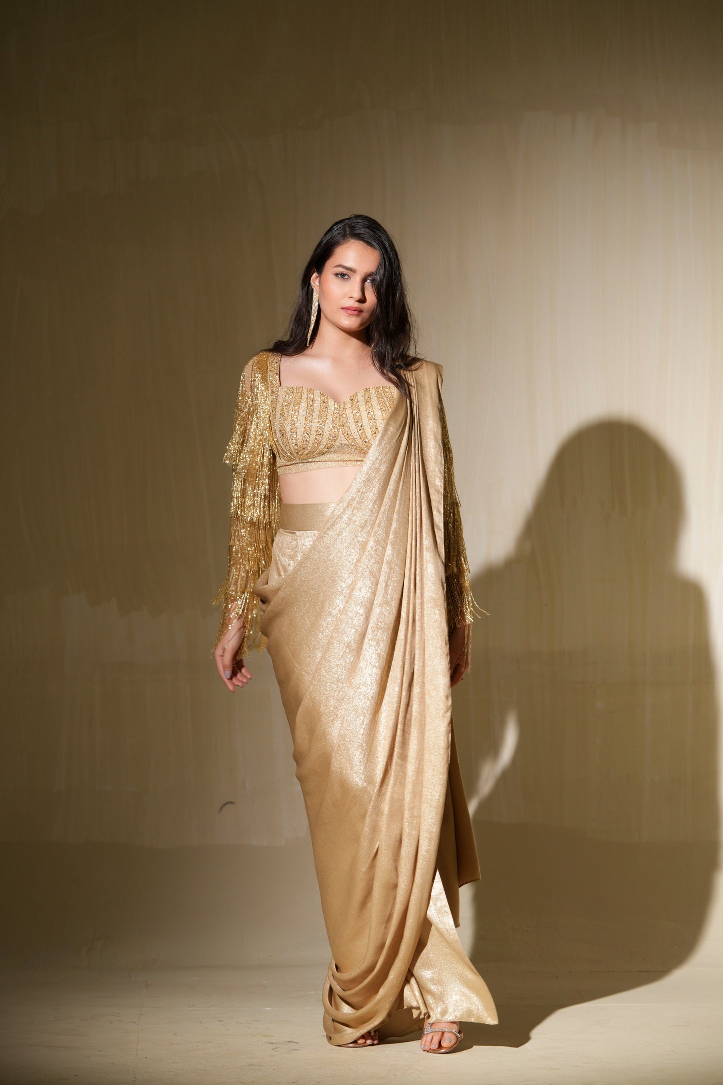 Champagne Gold drape saree