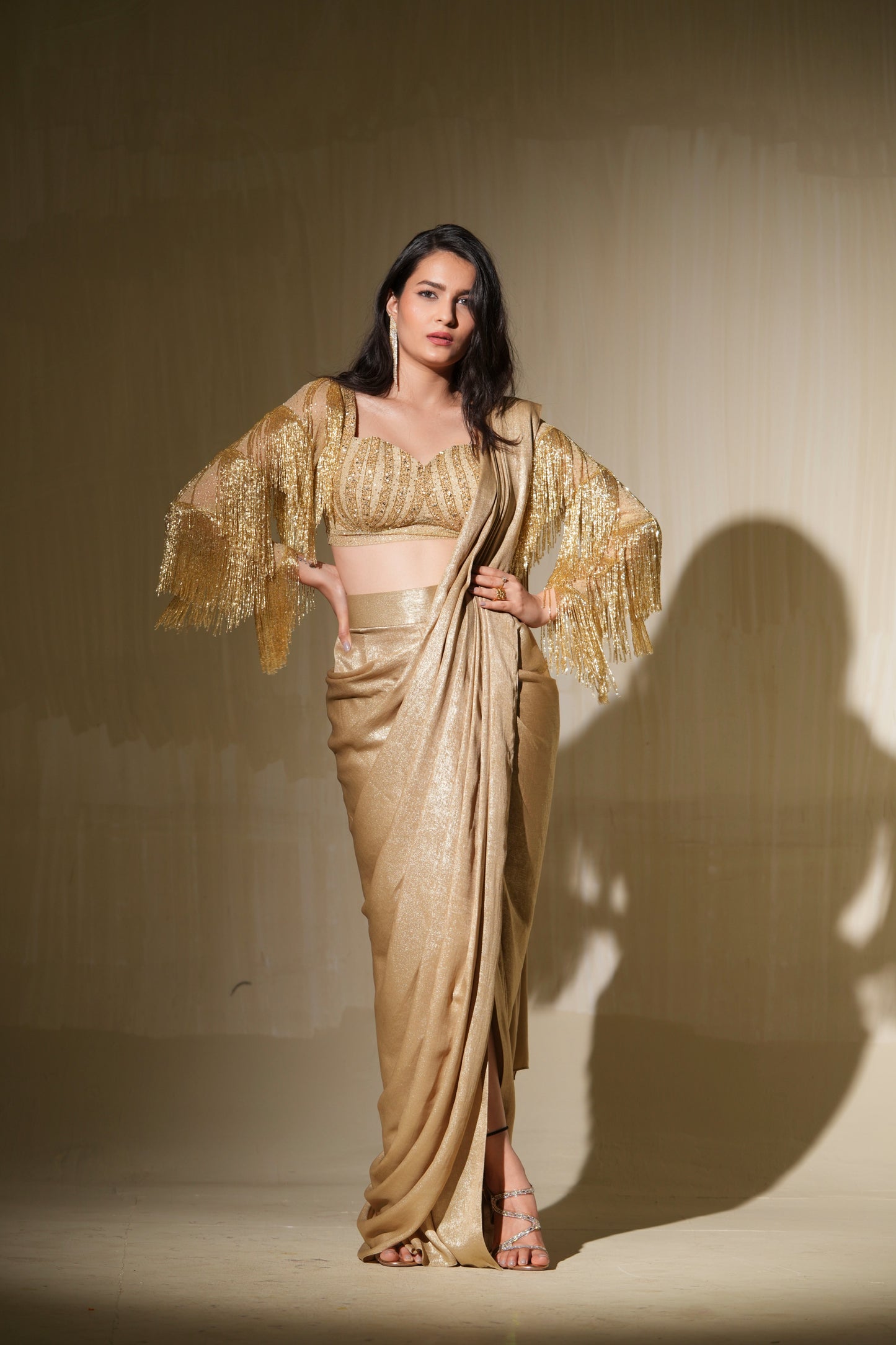 Champagne Gold drape saree