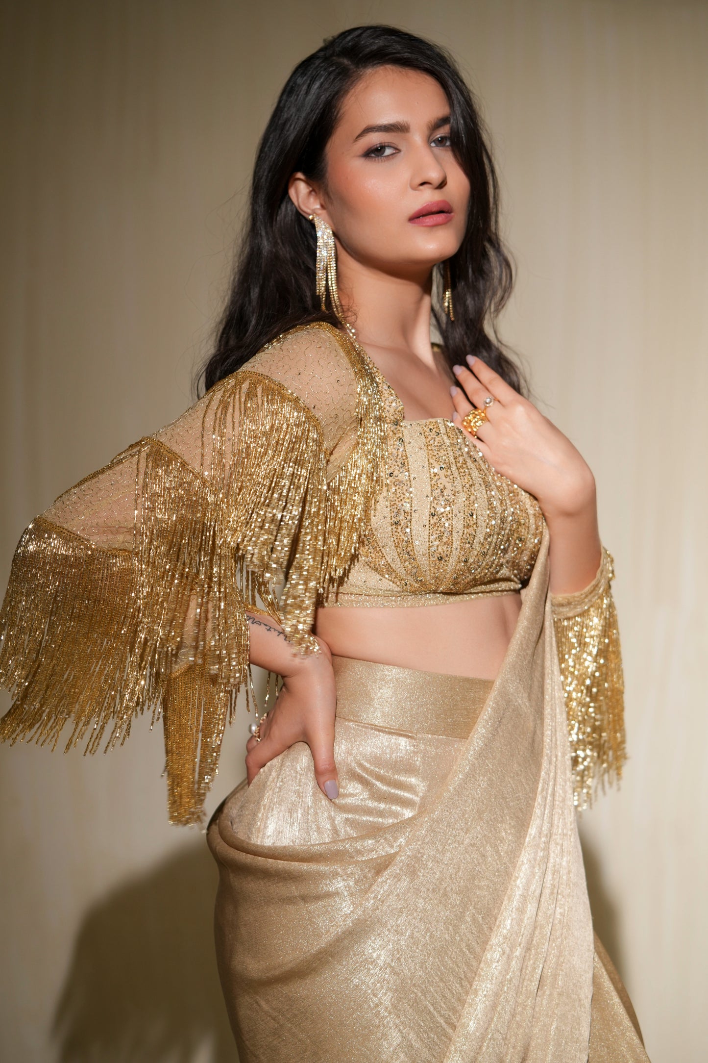 Champagne Gold drape saree