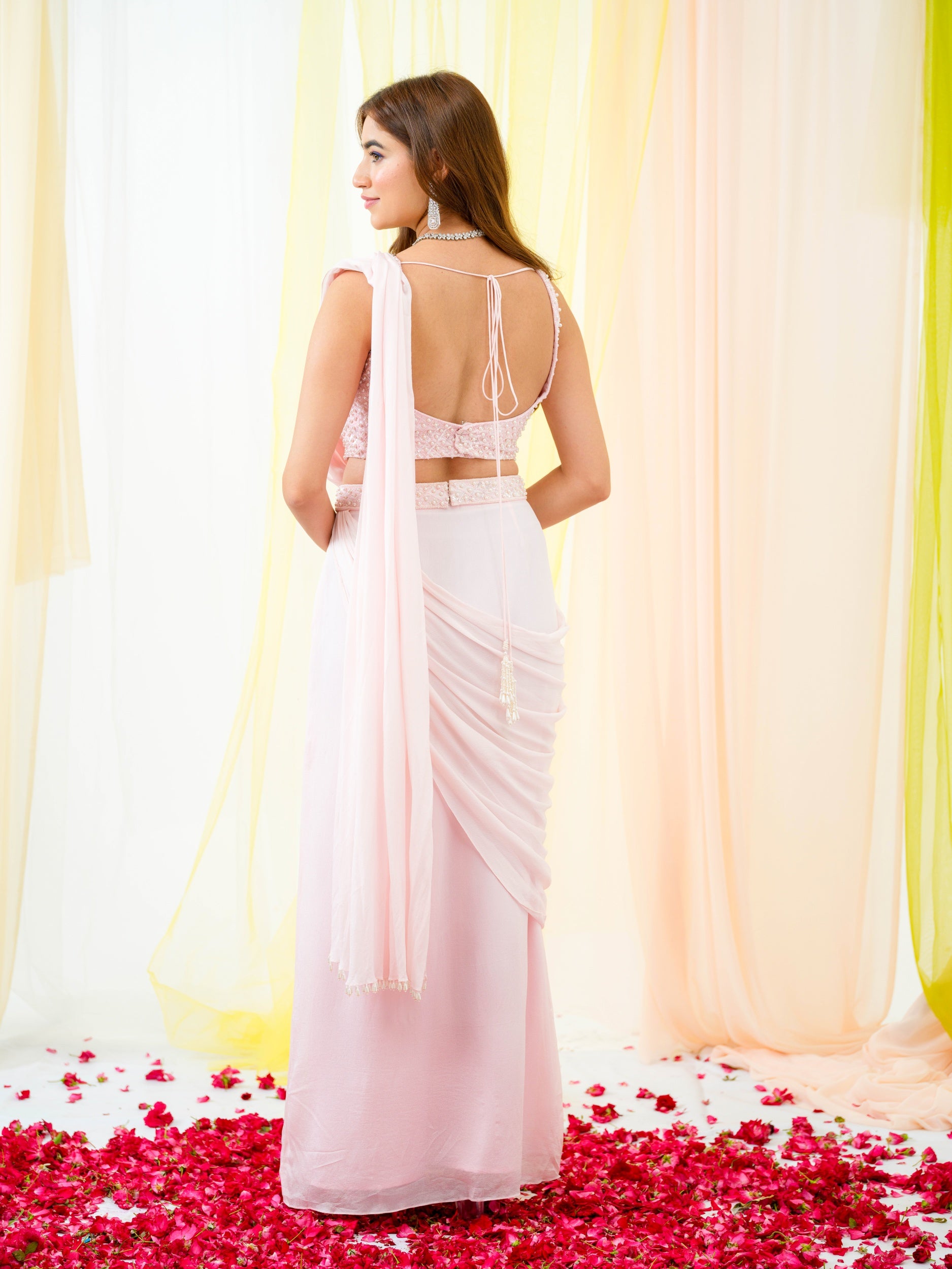 Soft Pink Pearl Drape Saree