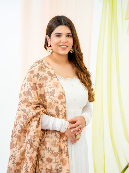 Soft Peach Dupatta Off White Anarkali set