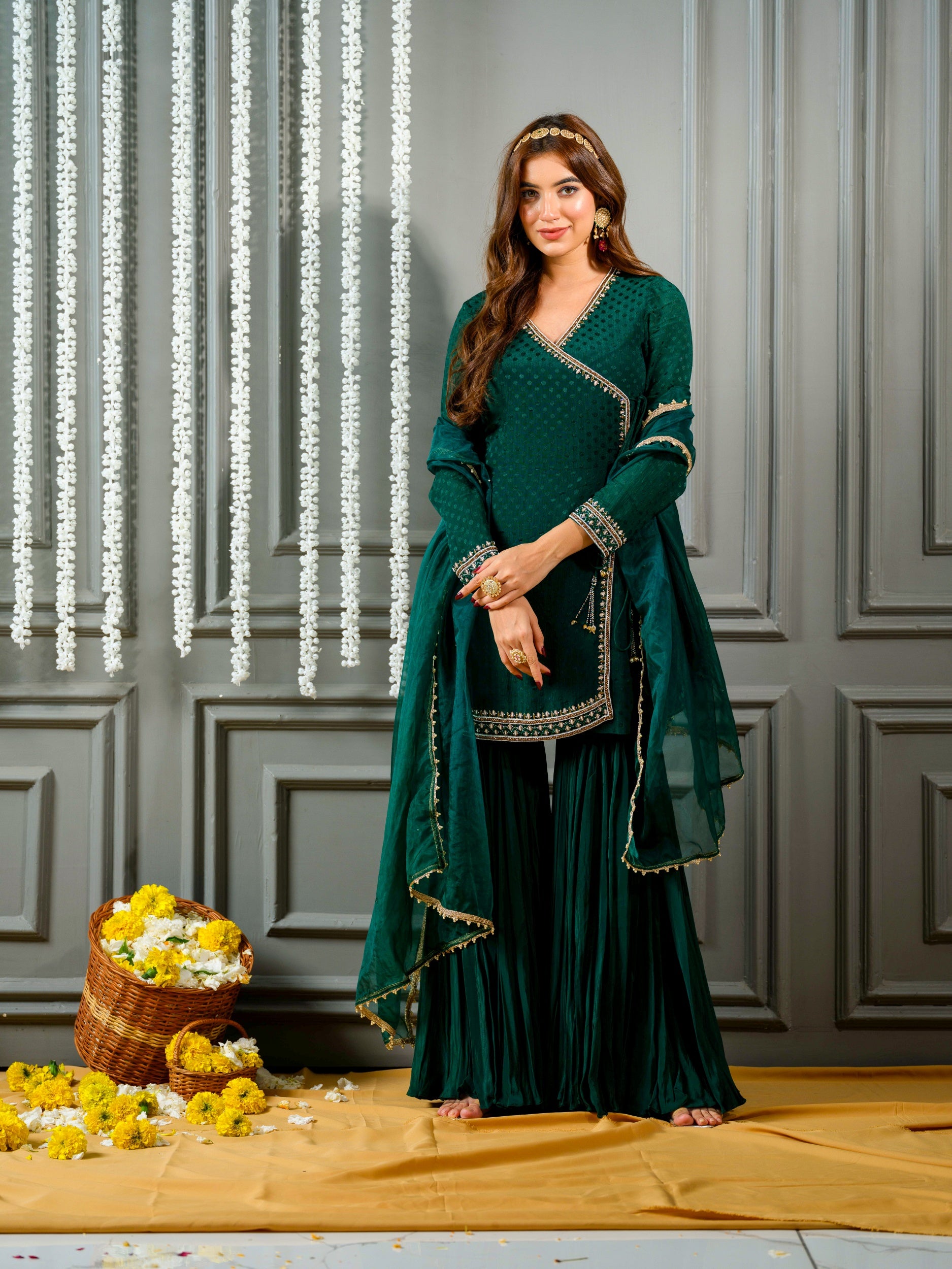 Bottle Green Angrakha Kurta and Sharara Set