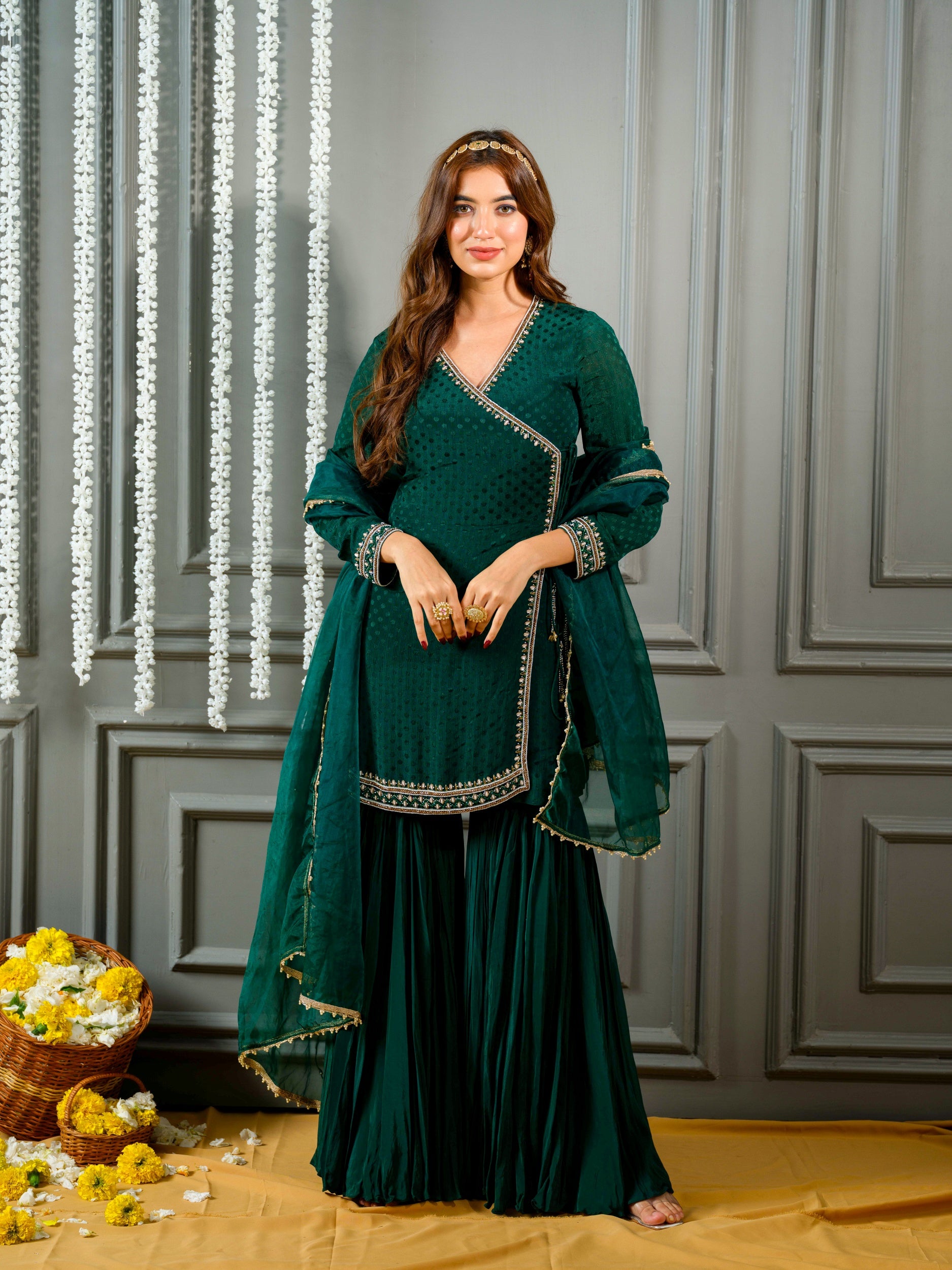 Bottle Green Angrakha Kurta and Sharara Set