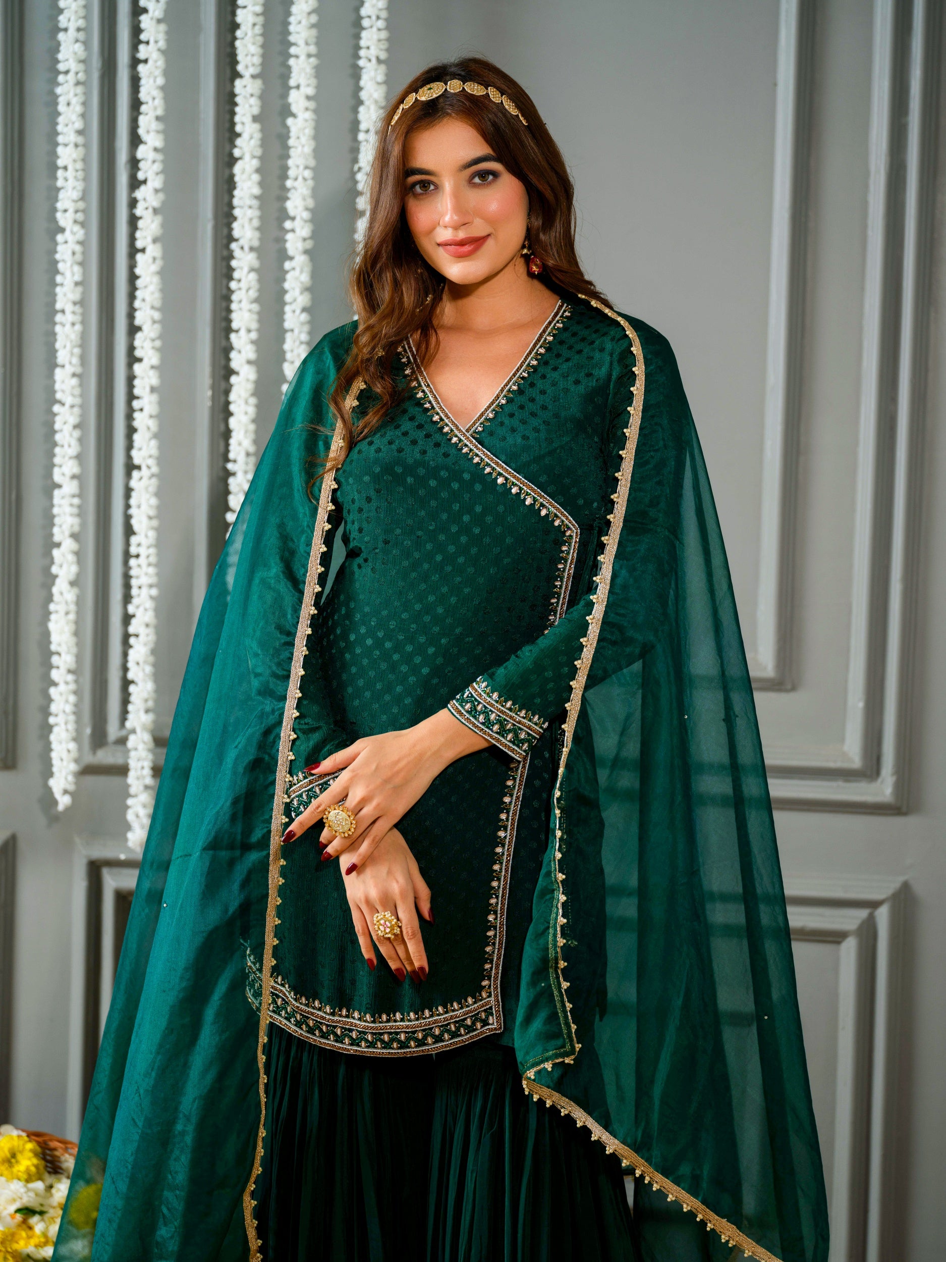 Bottle Green Angrakha Kurta and Sharara Set