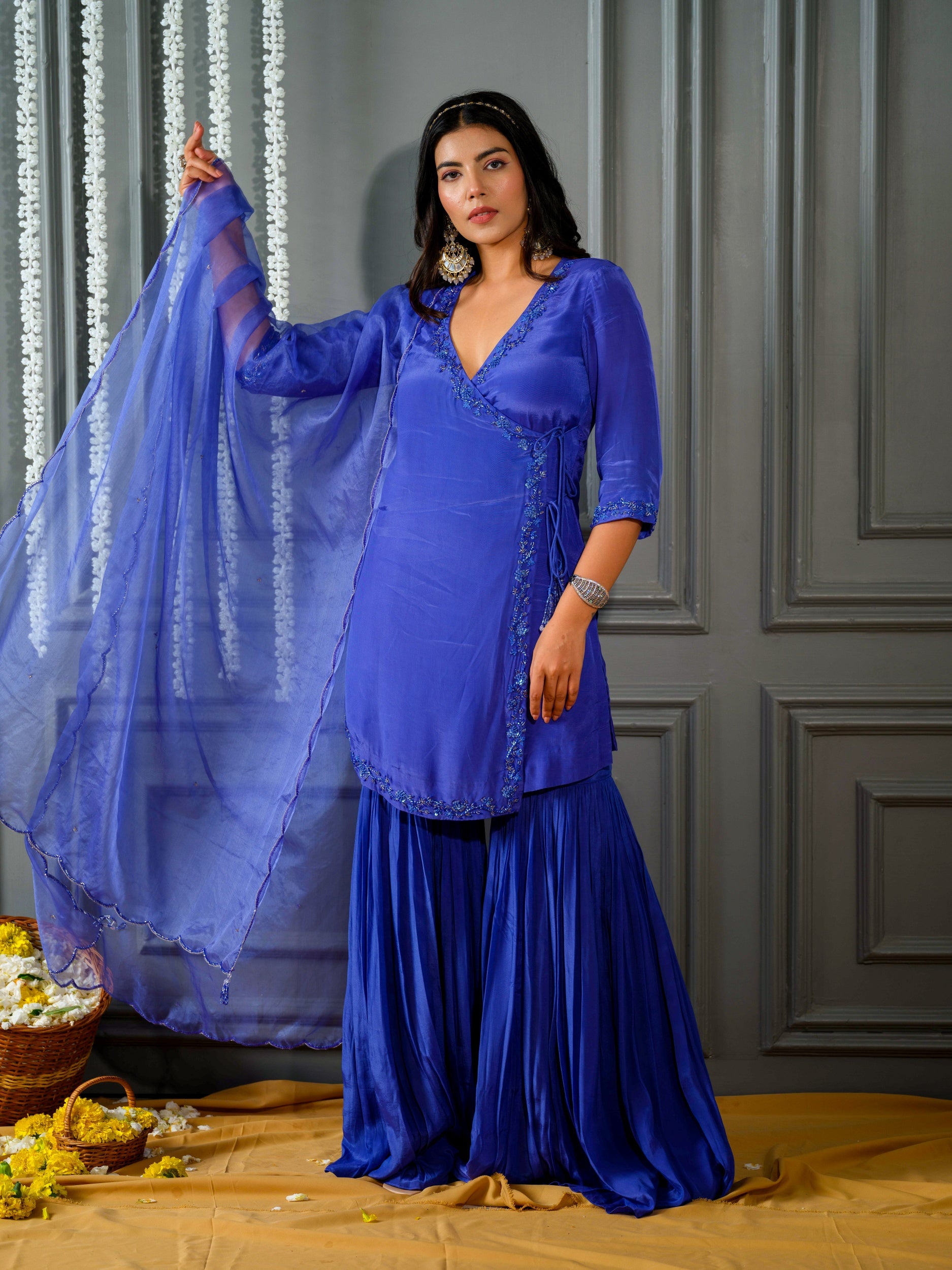 Ink Blue Angrakha Kurta and Sharara Set