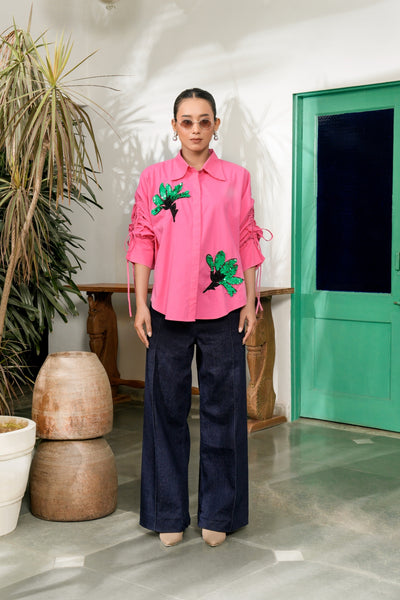 FLORENCE PINK TROPICAL DRAWSTRING SHIRT