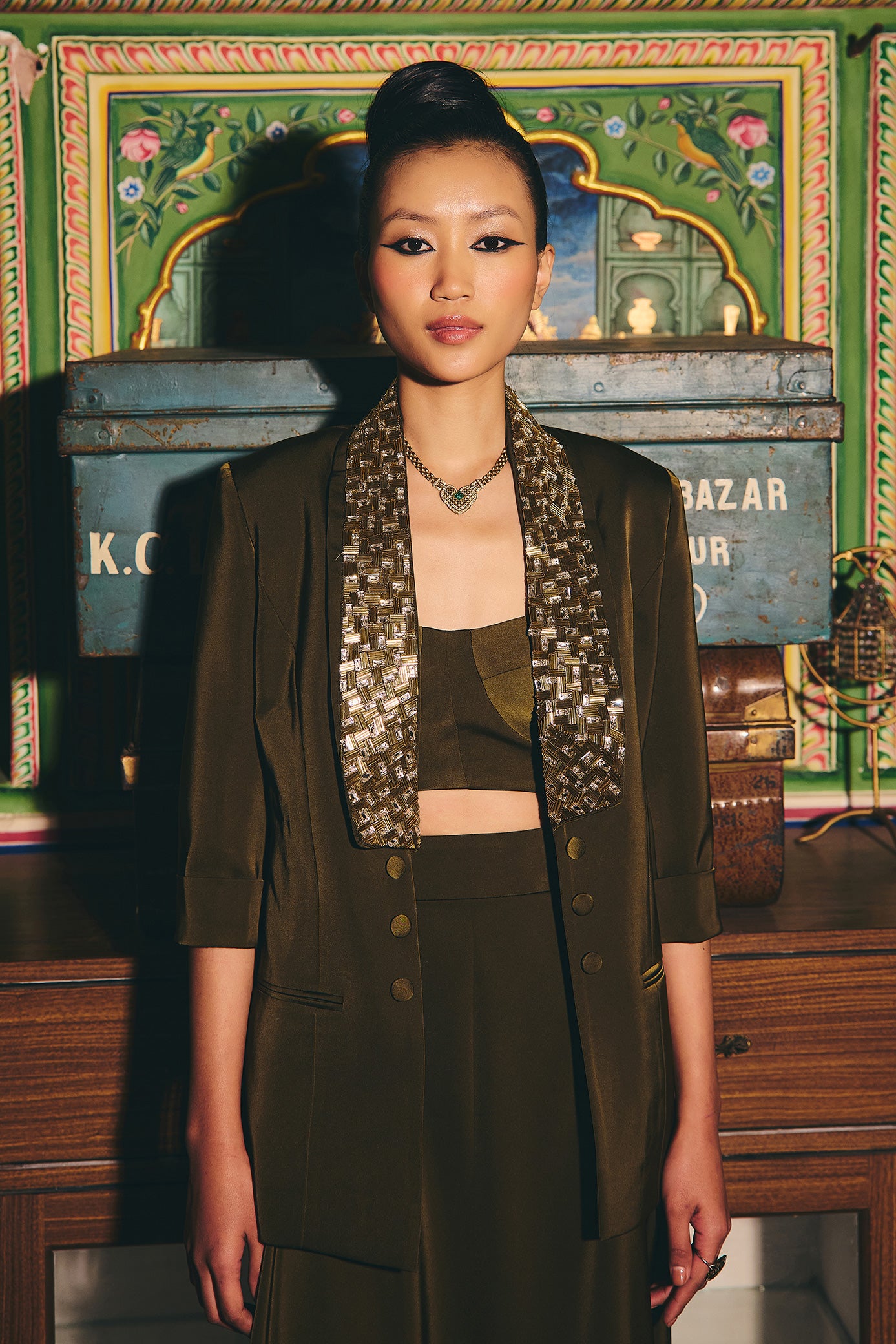 Deep Olive Green Blazer and Skirt Set