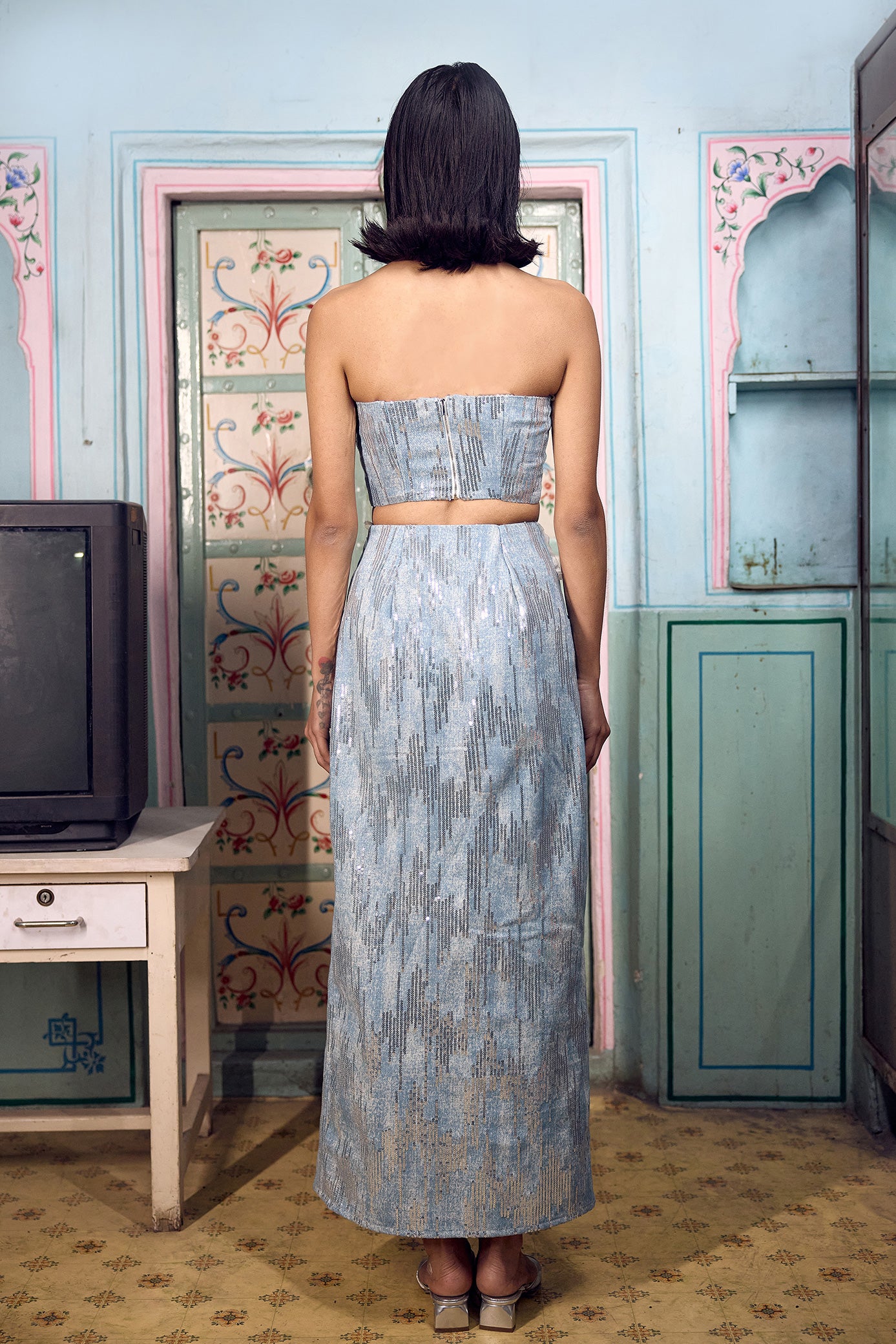 Denim Blue Sequin Skirt Set