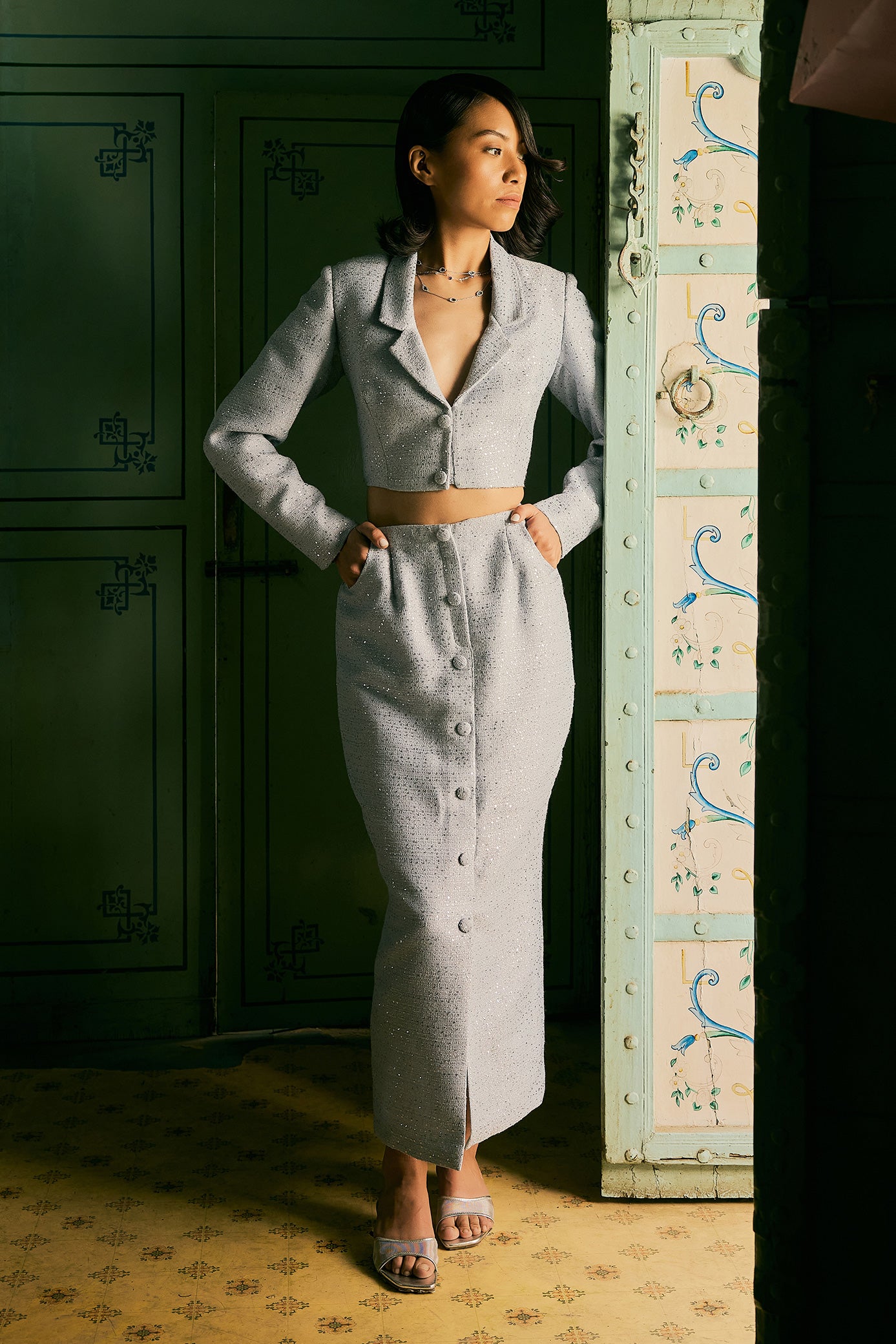 Blissful Blue Sequin Blazer and Skirt Set