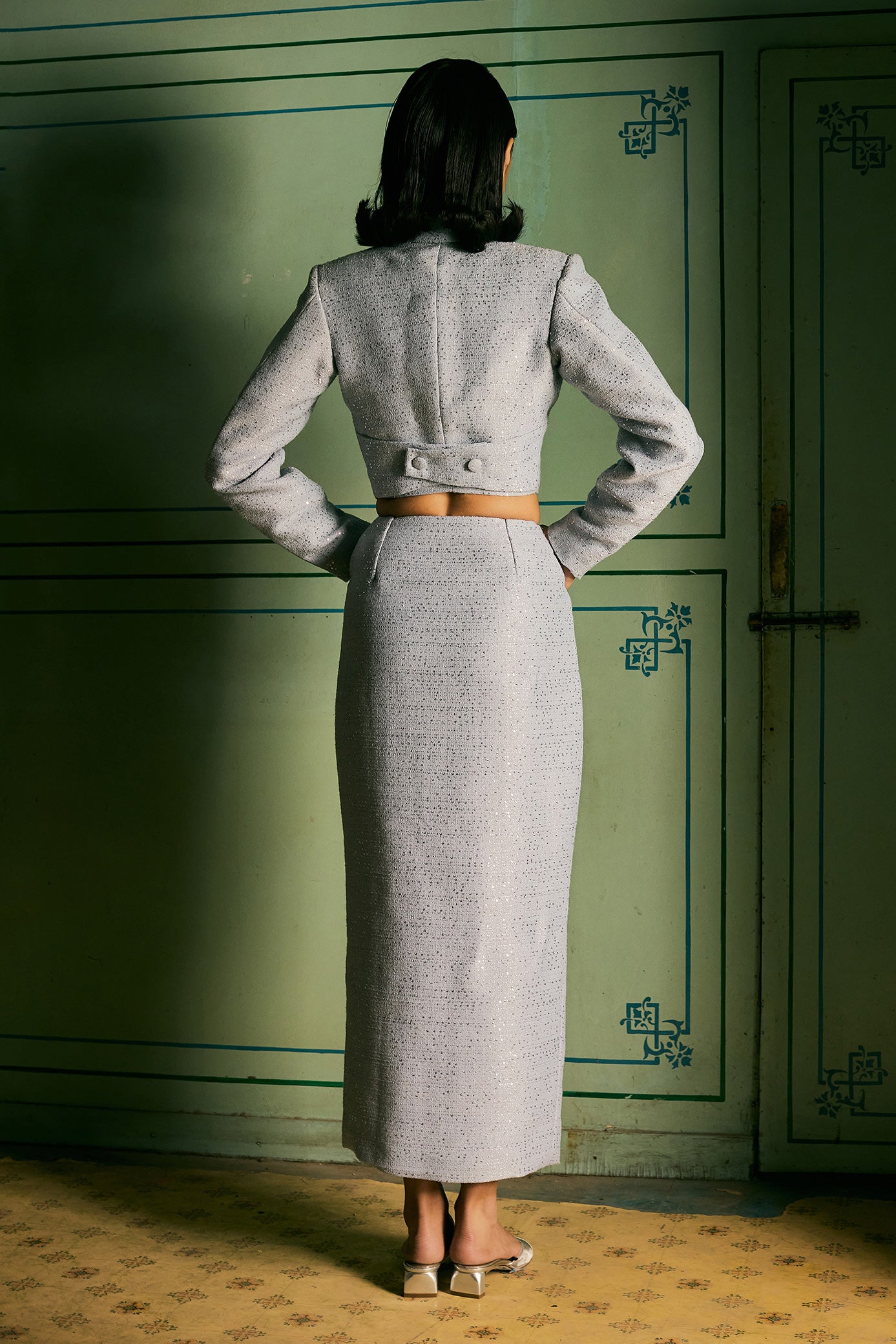 Blissful Blue Sequin Blazer and Skirt Set